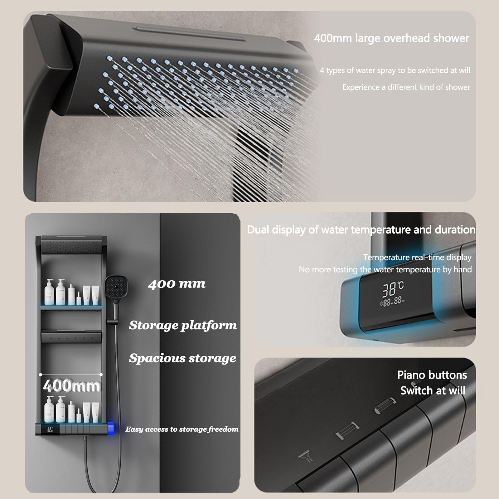 De Panel De Ducha con Pantalla LCD,Columna Ducha Hidromasaje con Grifo,Multifuncional Duchas De Baño Columna Termostatica,Thermostat,GunmetalGray