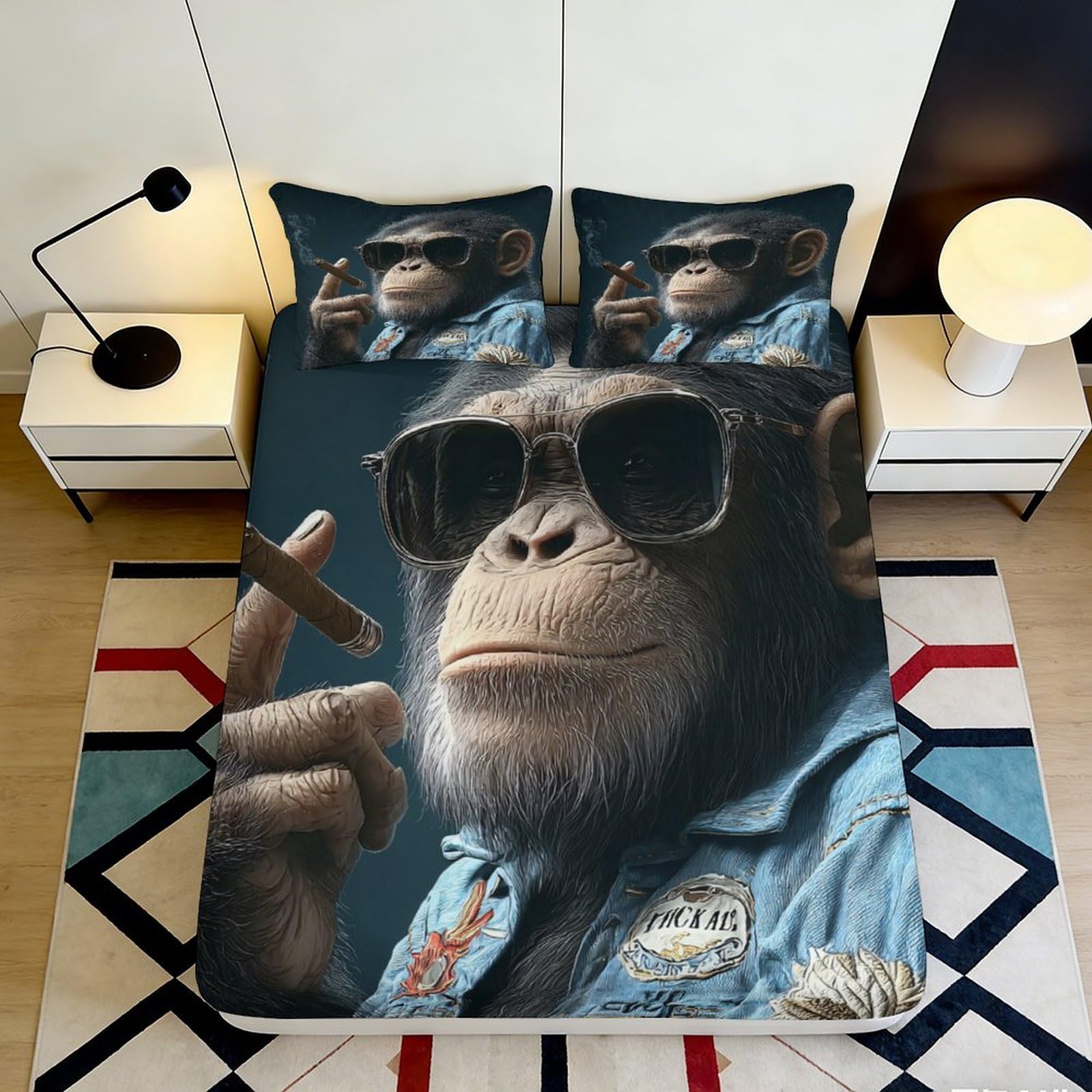 3D Printed Smoking Chimp Fitted Sheet Microfiber Soft Decor Graffiti Monkey Bed Cover for Bedroom Guest Room 90x200x25cm