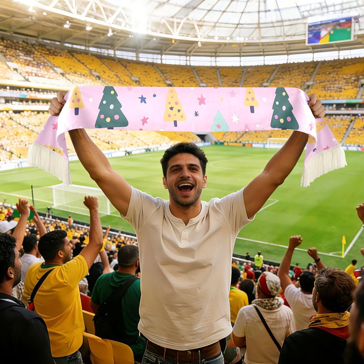 CHIFIGNO Trees Stars Pink Sports Fan Scarf for Soccer Games, Soft Polyester Sweat Towel Wrap with Fringe Ends, Quick Dry Cheering Scarf