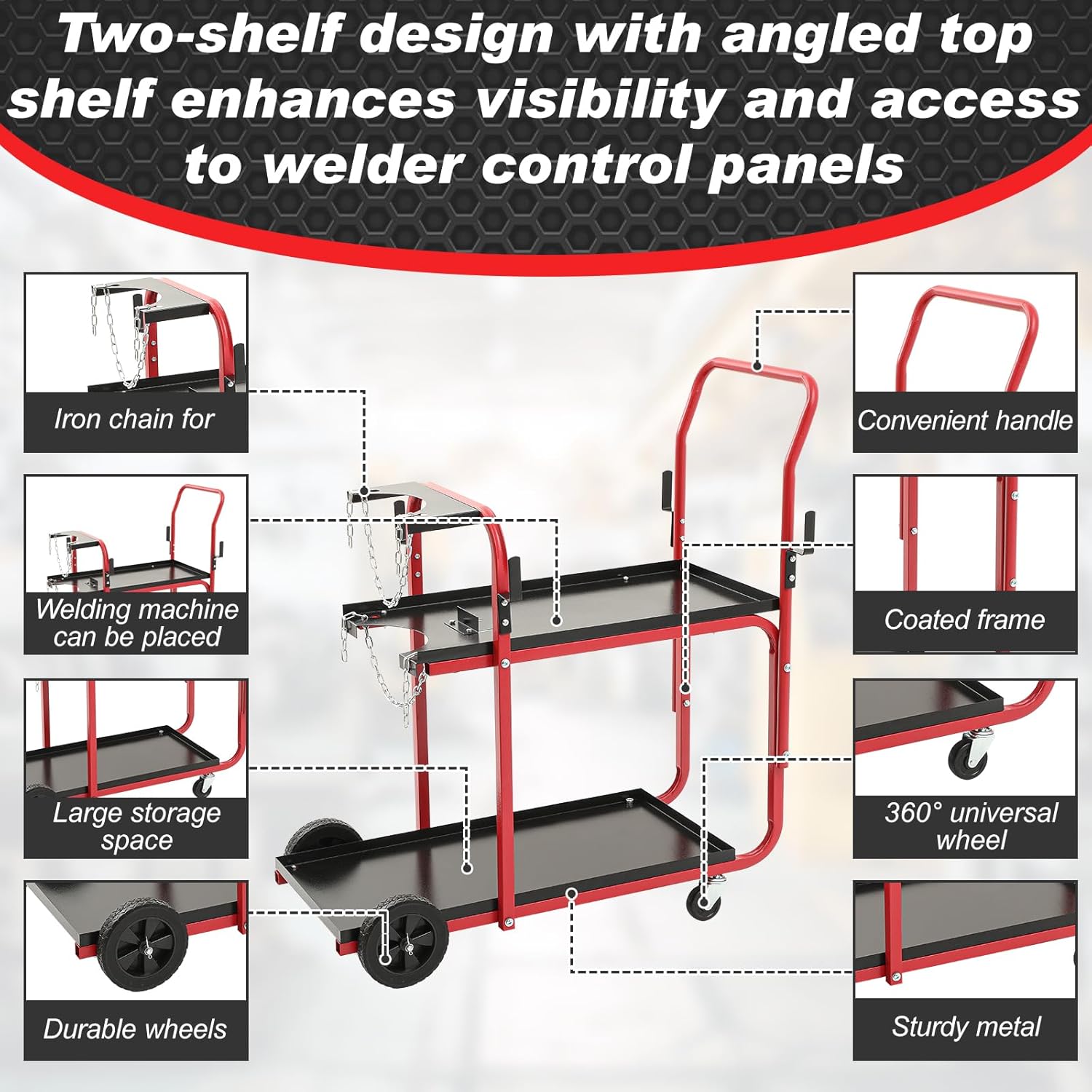BBTO Welding Cart 2-Tier Welder Cart Heavy Duty 440 Lbs with Tank Safety Chains Welding Equipment Accessories for Tig Arc MMA Plasma Cutter Machine (Classic Style, 39 × 18 × 43 Inch, Black and Red)