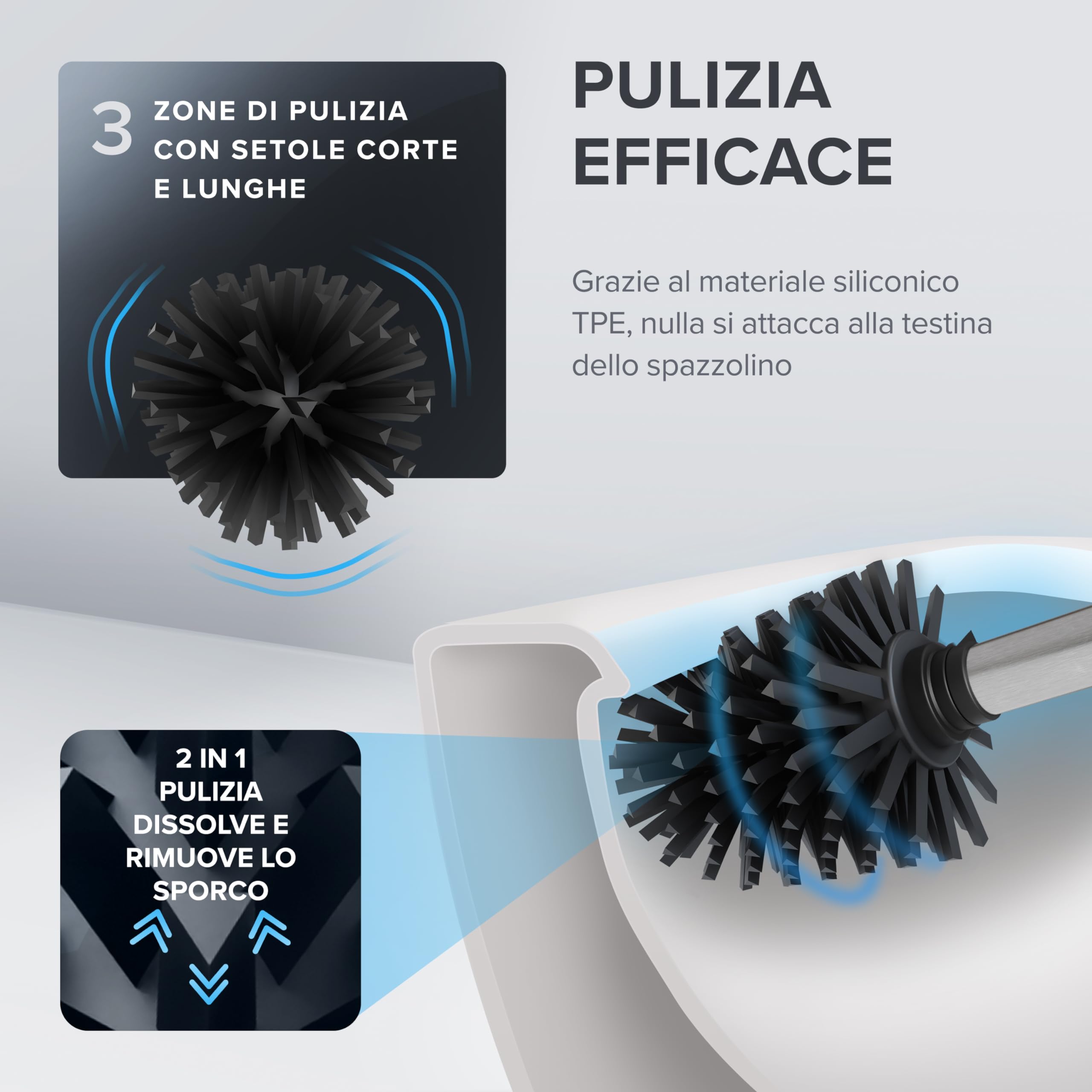 Ovimar Scopino WC | Argento | Montaggio a Parete con Forature | Spazzola per WC in Silicone | Funzione di Ventilazione | Acciaio Inox