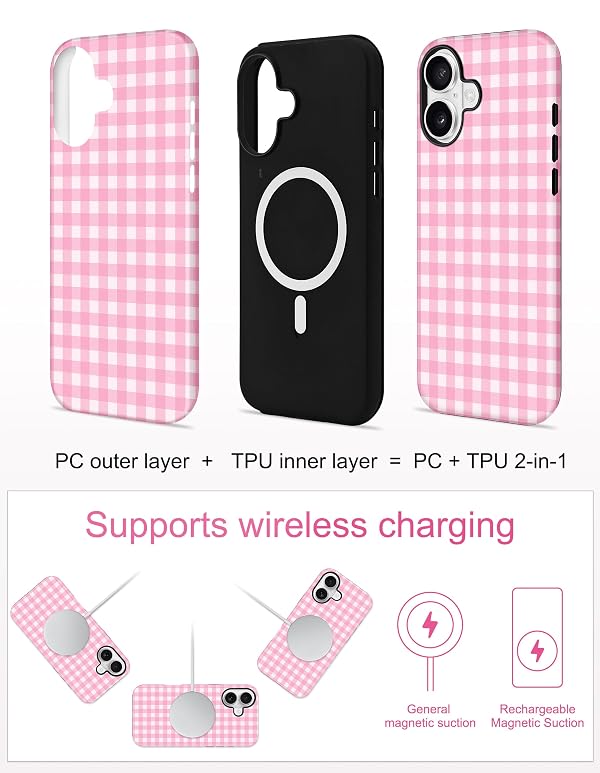Aitipy Compatible with MagSafe Plaid Phone Case for iPhone 17 Pro Max, Magnetic Cute Aesthetic Gingham Soft TPU and Hard PC Shockproof Protective Phone Cover for Women Girls-Pink by Aitipy - Used condition - Image 2
