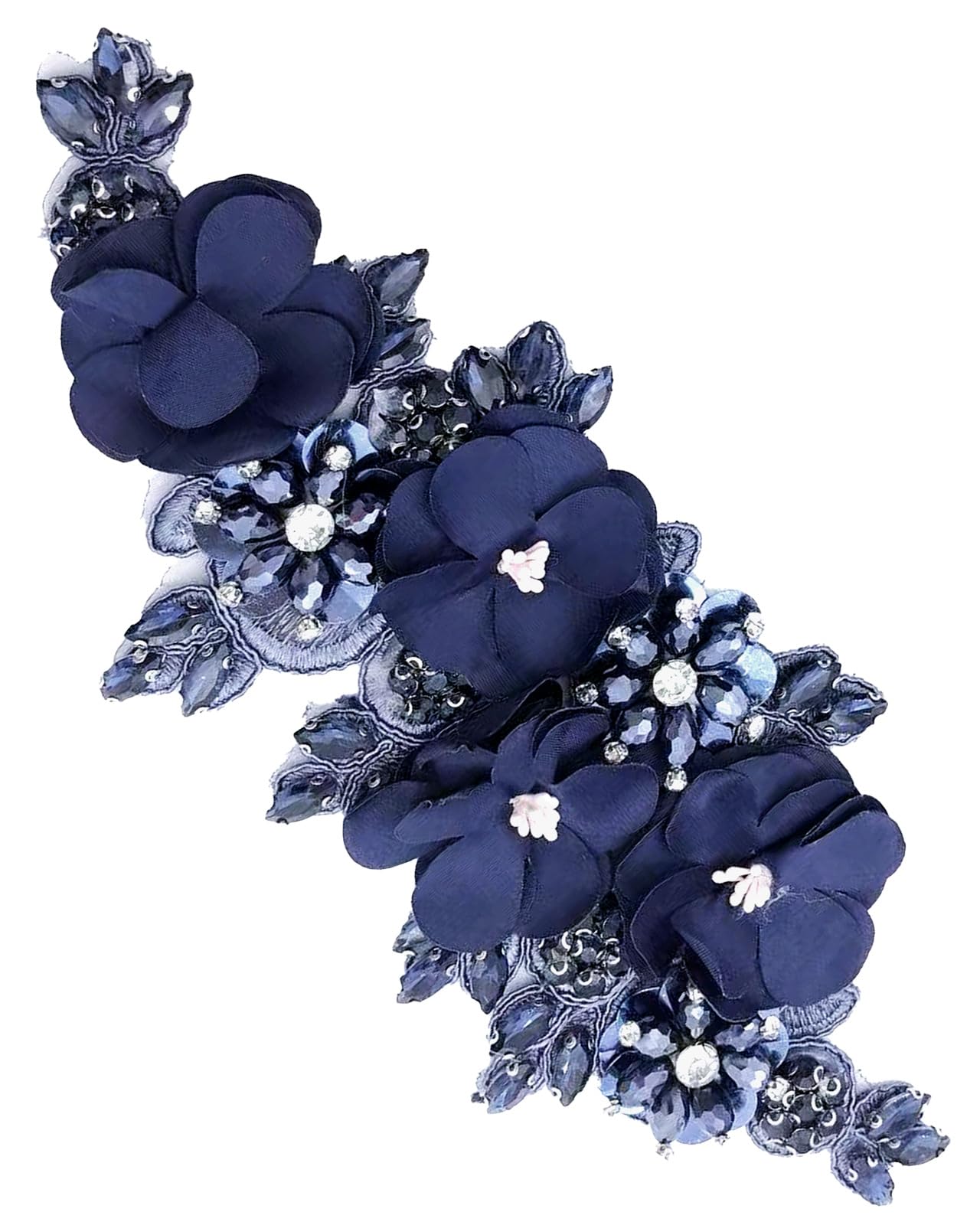 Photo 1 of 1pc Handmade Rhinestone Applique for Clothes, 3D Flower Fabric Patches for Wedding Dress, Bling Beaded Embroidery Lace Applique for Hat Hairband Sewing Embellishment (Navy Blue)