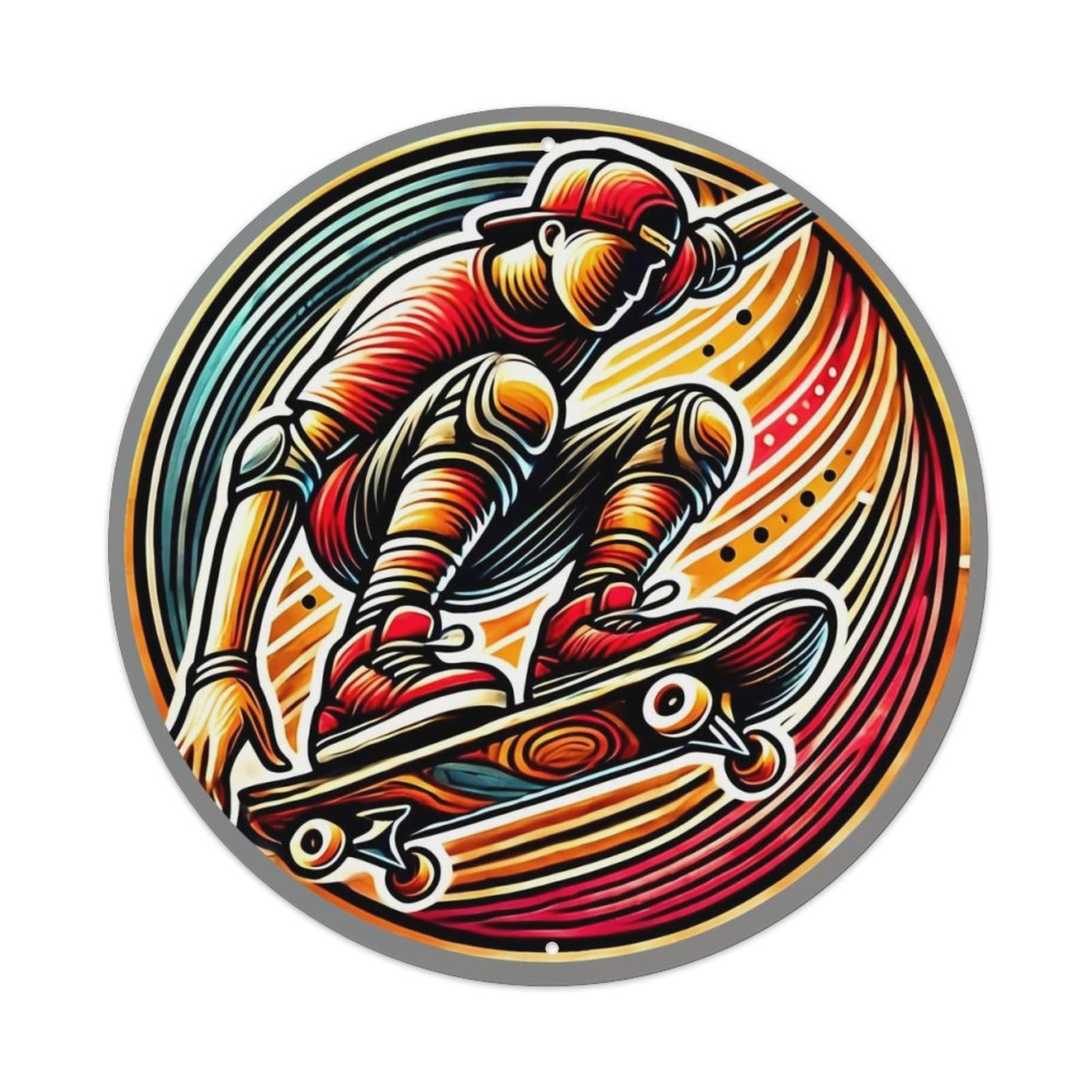 Skateboarder In Motion With Vibrant Swirls Retro Metal Sign Round Tin Sign, Vintage Decor Art Poster for Bar, Home, Man Cave, Kitchen, Laundry Room Gift 8x8Inch