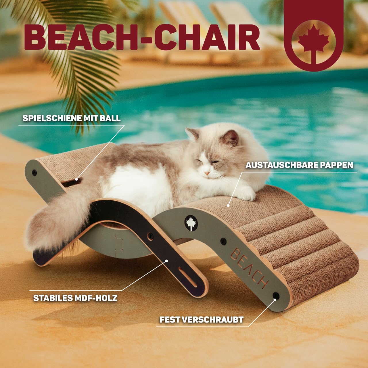 CanadianCat Company | Design-Kratzmöbel Beach Chair | Kratzbrett Katzenliege, Sonnenliege, Hängematte für Katzen | 70 x 35 x 25 cm