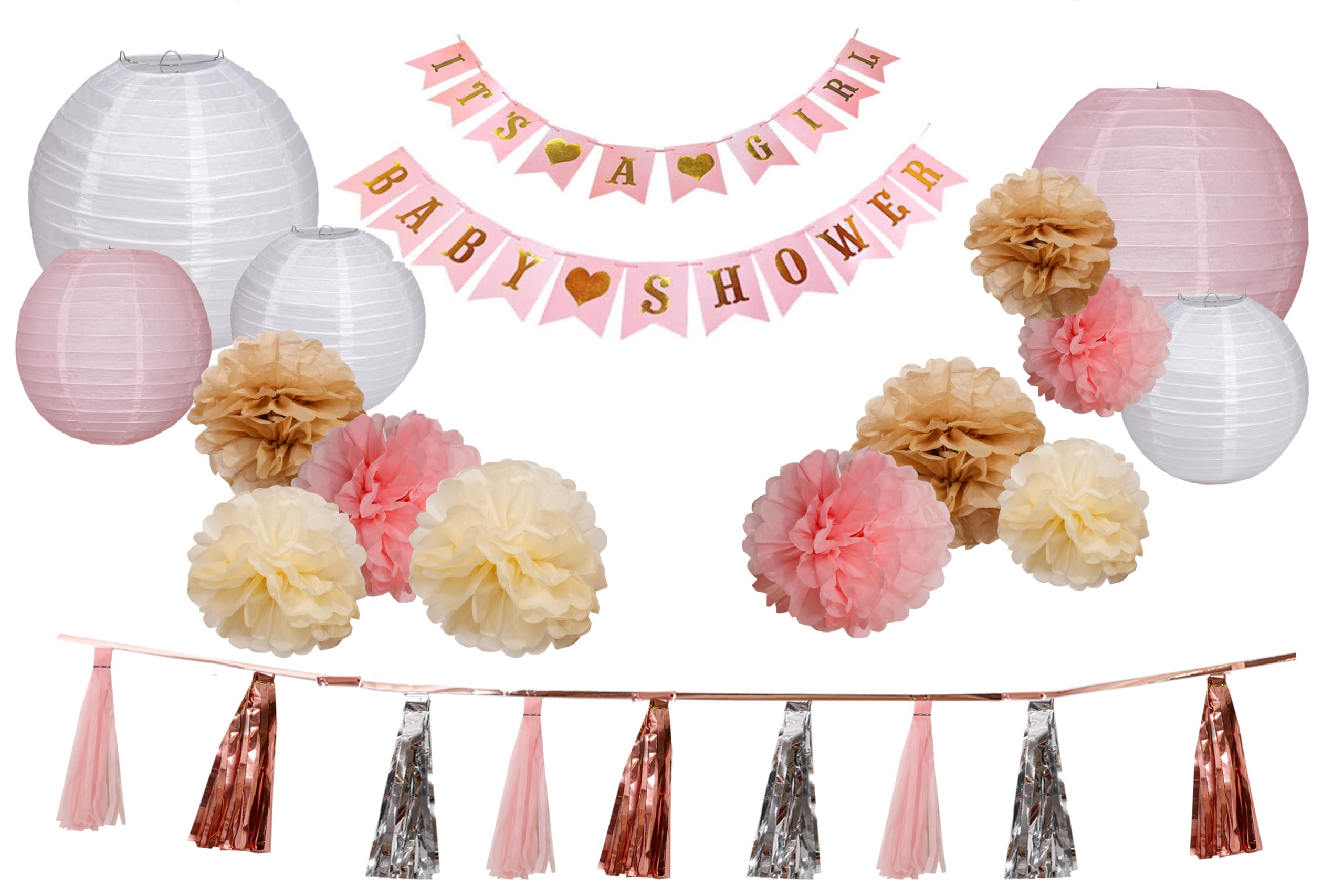 Baby Shower Decorations Kit - Pink, Ivory, and Gold Party Supplies with Banners, Lanterns, Pom Poms, and Tassels for Girl Baby Shower (Baby Shower)