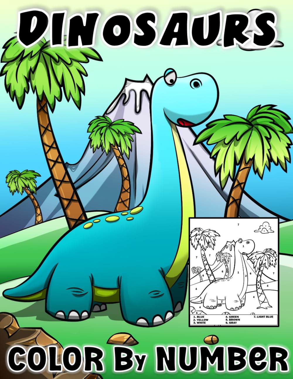 Dinosaurs Color By Number: Funny Dinos for kids to color. Guide numbers to help build coloring confidence. Hand drawn coloring images.