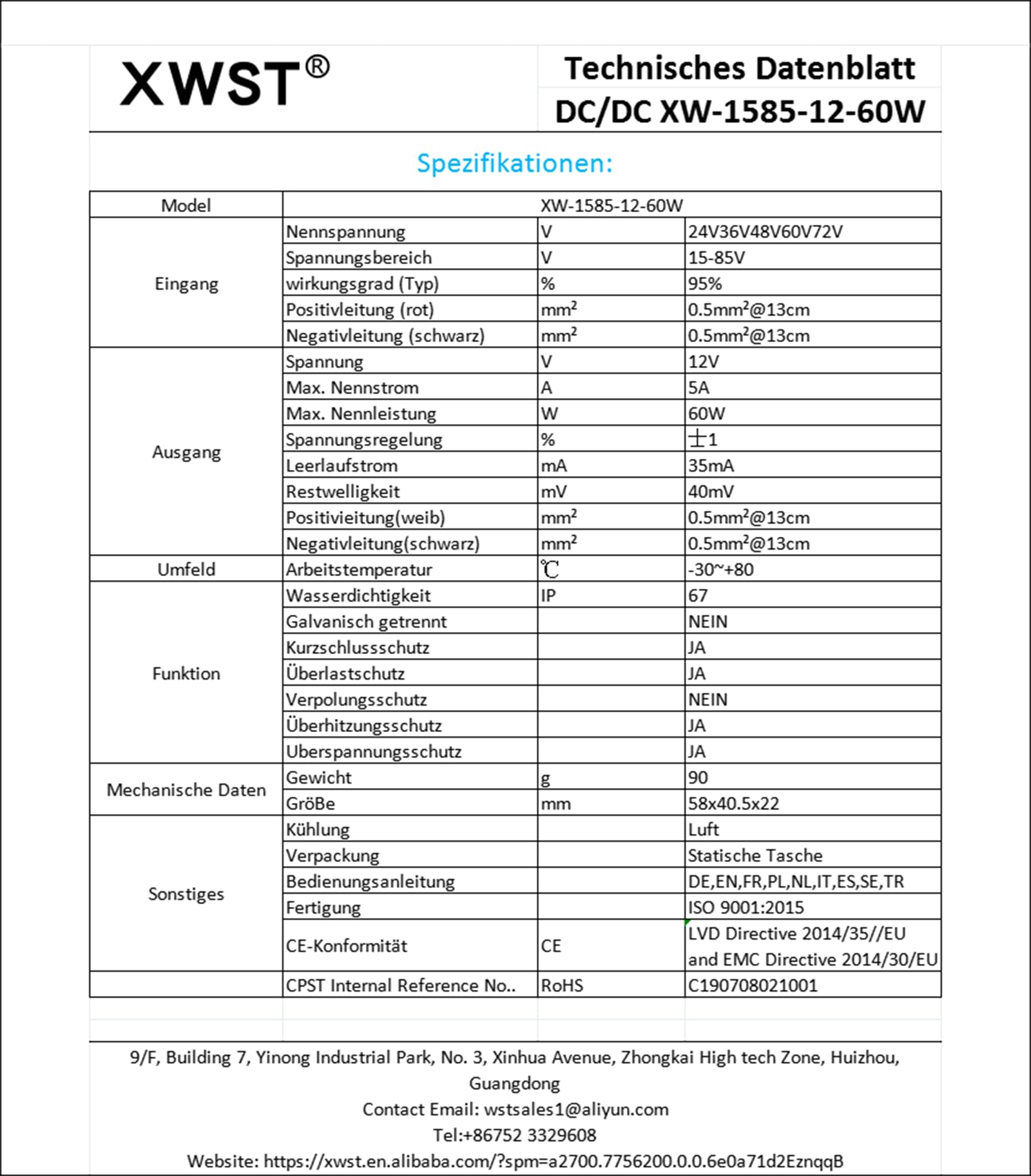 XWST Convertisseur D'alimentation 15V-85V 24V36V48V60V72V80V85V à