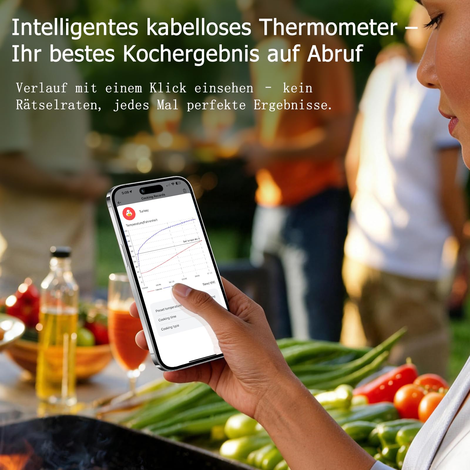 BBQOVN WLAN Bluetooth Fleischthermometer mit Unbegrenzter Reichweite, 7 NIST-zertifizierte Sensoren & Umgebungstemperatur, Kabelloses Thermometer für BBQ, Smoker, Ofen, Grill, Heißluftfritteuse