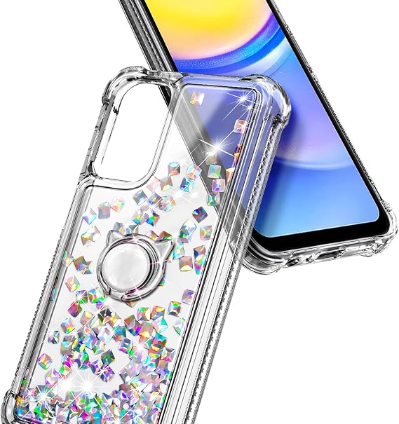 NZND Compatible with Samsung Galaxy A15 5G Case with Tempered Glass Screen Protector (Maximum Coverage), Ring Holder/Wrist Strap, Glitter Floating Liquid Waterfall Cute Case (Crystal Gem)