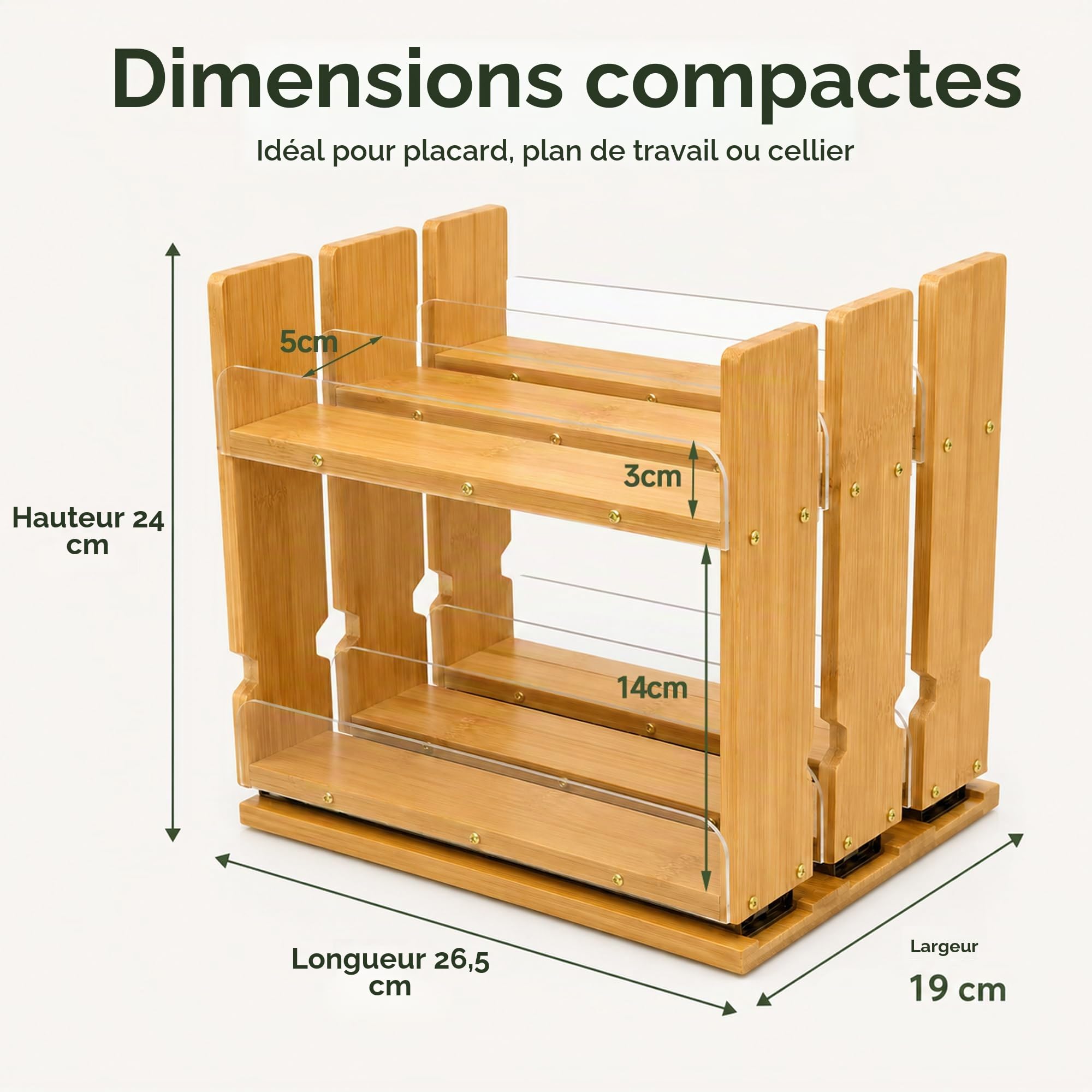 Étagère à épices extensible en bambou pour armoire de cuisine, 2 niveaux, 3 tiroirs, peu encombrant, robuste, pour épices, bois naturel