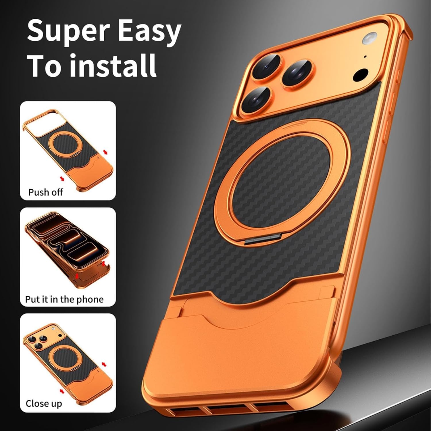 Magnetic Frameless Case for iPhone 17/17 Air/17 Pro/17 Pro Max, Metal Cool Ring Holder with Carbon Fiber Texture, Slim & Stylish Protective Shell(Black,17)