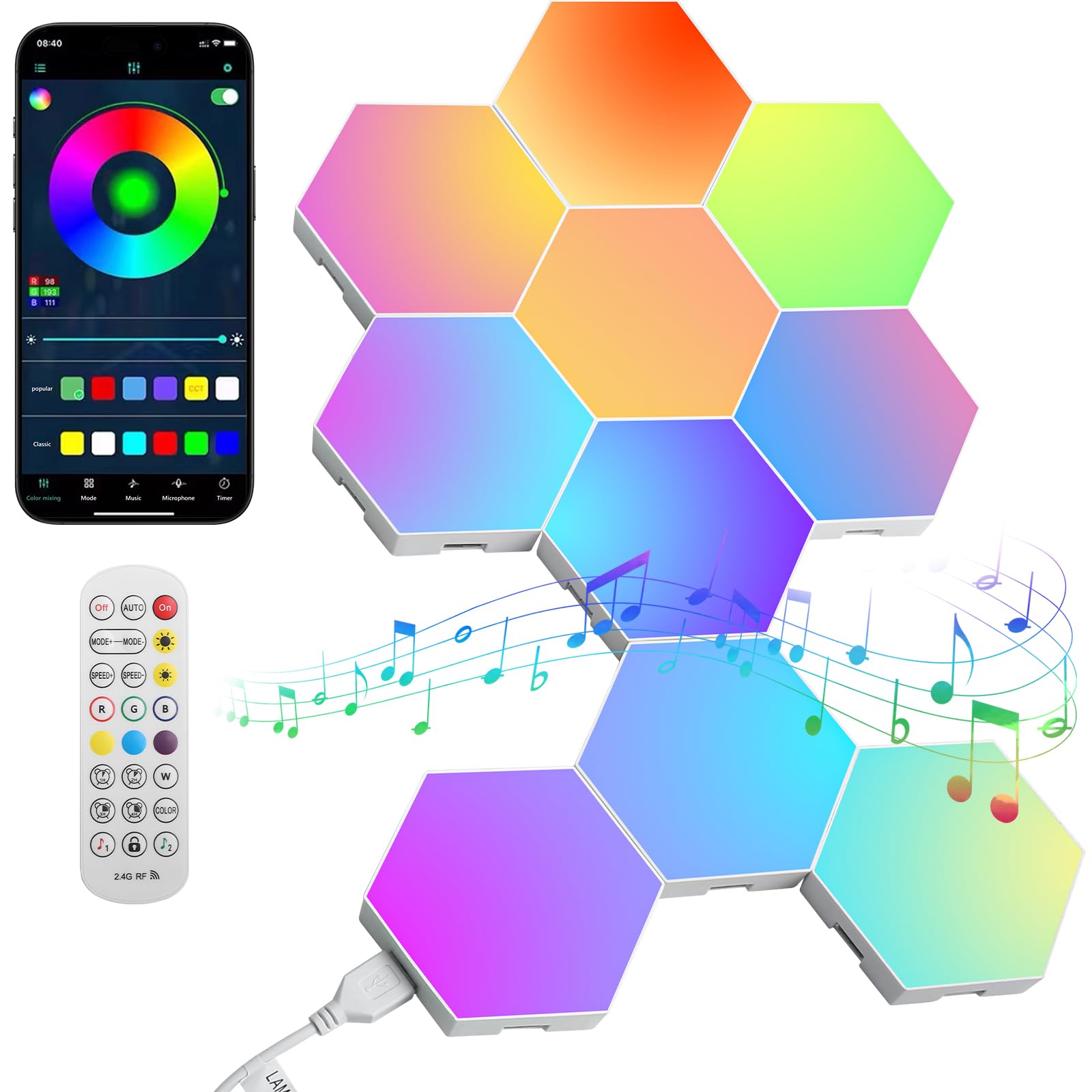10 Piezas Hexa Paneles Luminosos, Smart Hexágono Luces de Pared, Sincronización de Música, Gamer Habitacion Pared Decoracion Lampara, RGB Luces de la Casa con APP para Sala de estar, Sala de Juegos