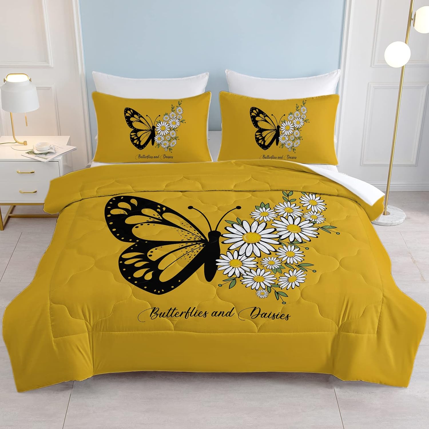 SOULZZZ Black Butterfly Comforter Set Twin Soft Butterfly Bedding Sets with Daisy