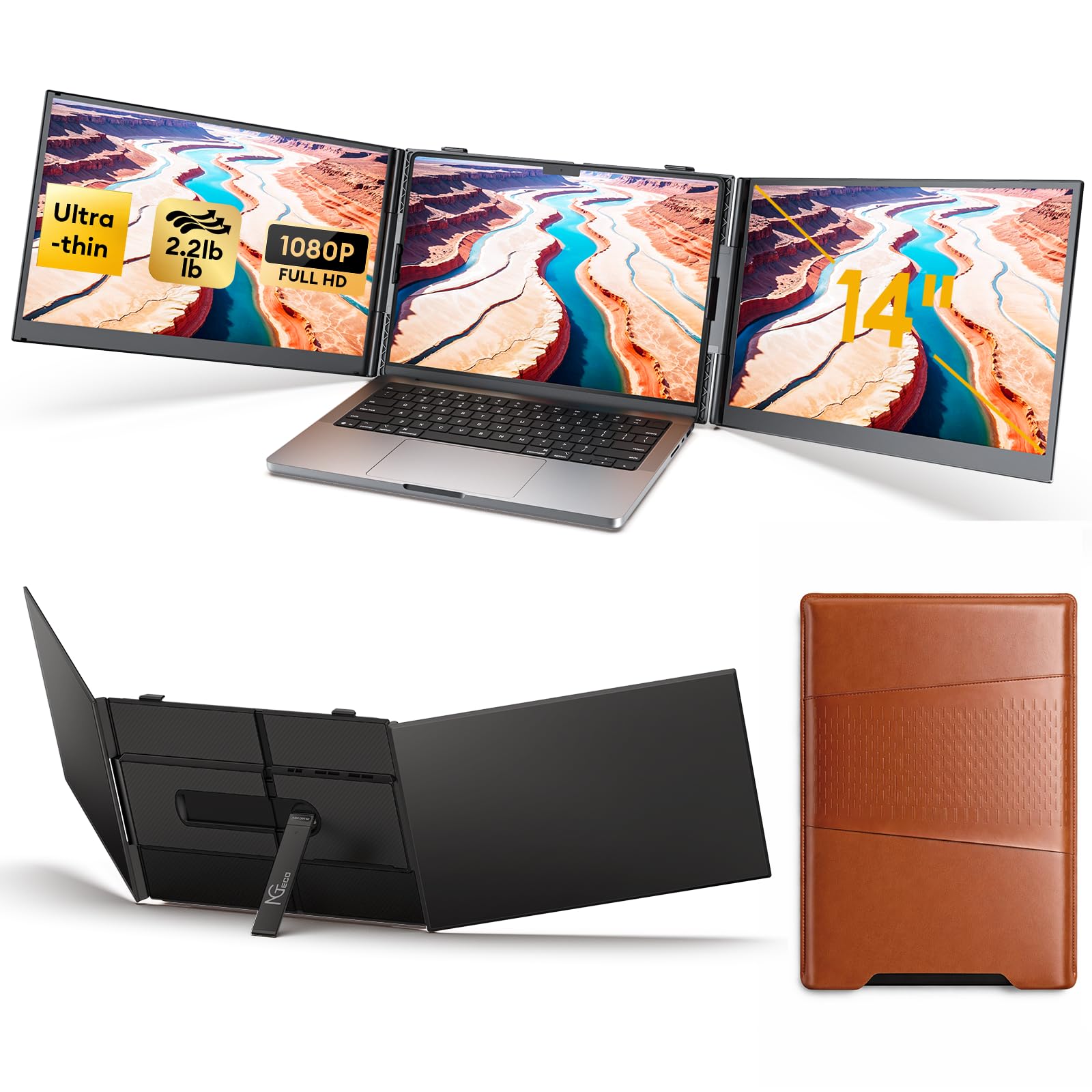 NGTeco Triple Ecran pc Portable 14", Double Ecran pc Portable, Plug & Play pour Ordinateurs Portables de 13,3 à 17,3 Pouces, Écran IPS FHD 1080p Ultra-Fin 1 kg 2,2 LB, Charge inversée de 100 W