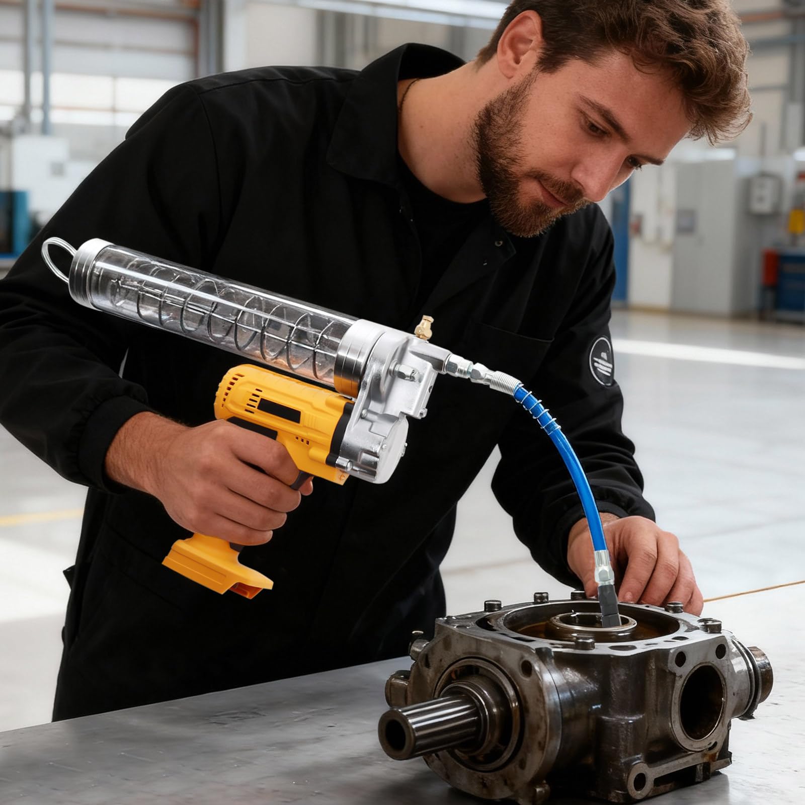 Pistola engrasadora eléctrica con batería, 10000 psi, 21 V/24 V, con tubo de aceite rígido y flexible, pistola de engrase inalámbrica para equipos mecánicos, aceites 900 CC