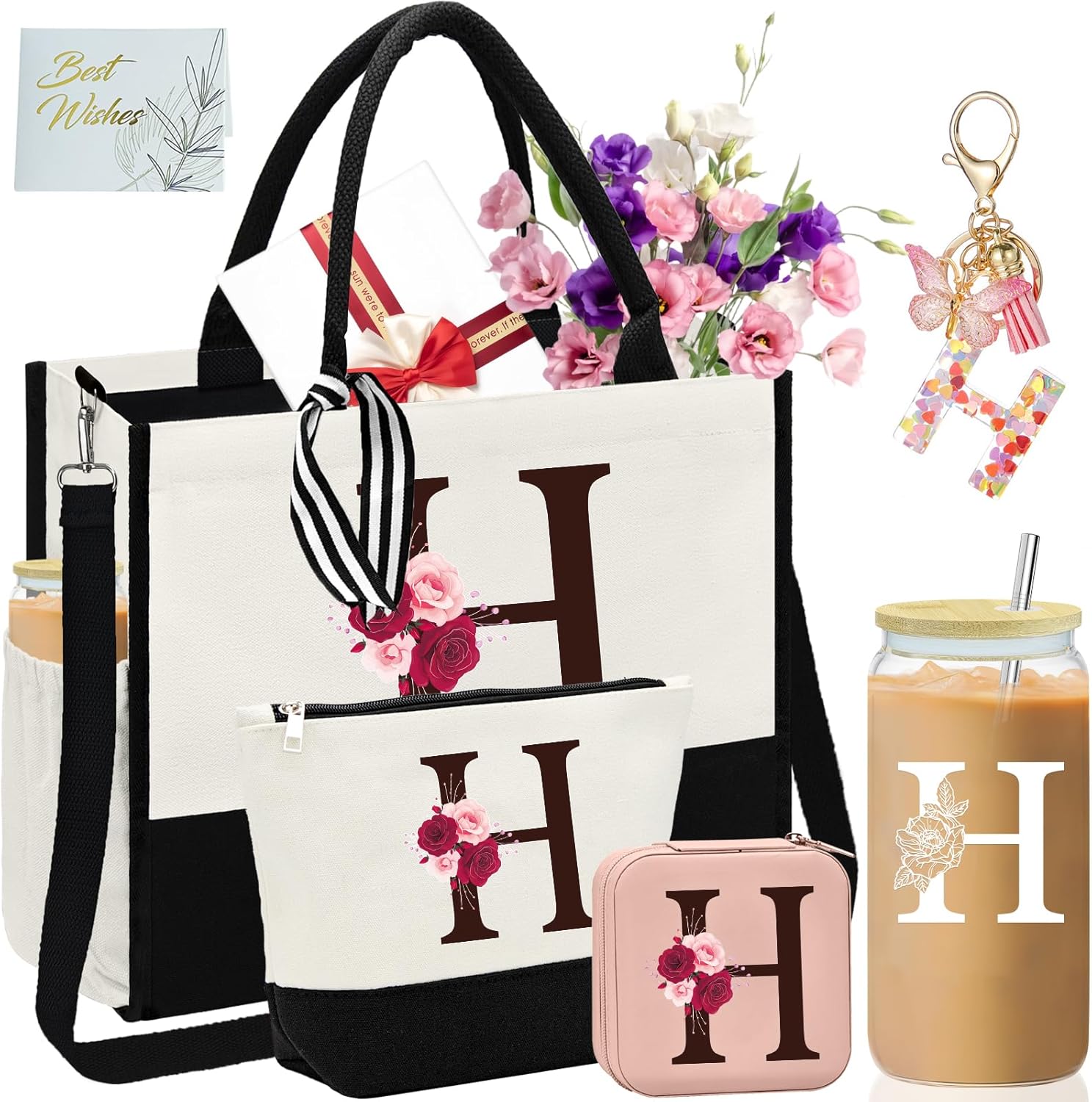 AiHeart Birthday Gift for Women,Initial Canvas Tote Bag,Personalized Gifts for Women,16oz Glass Cup With Straw,Beach Bag,Jewelry Storage Box,Monogrammed Gifts for Woman Mom Sister Bestie-H