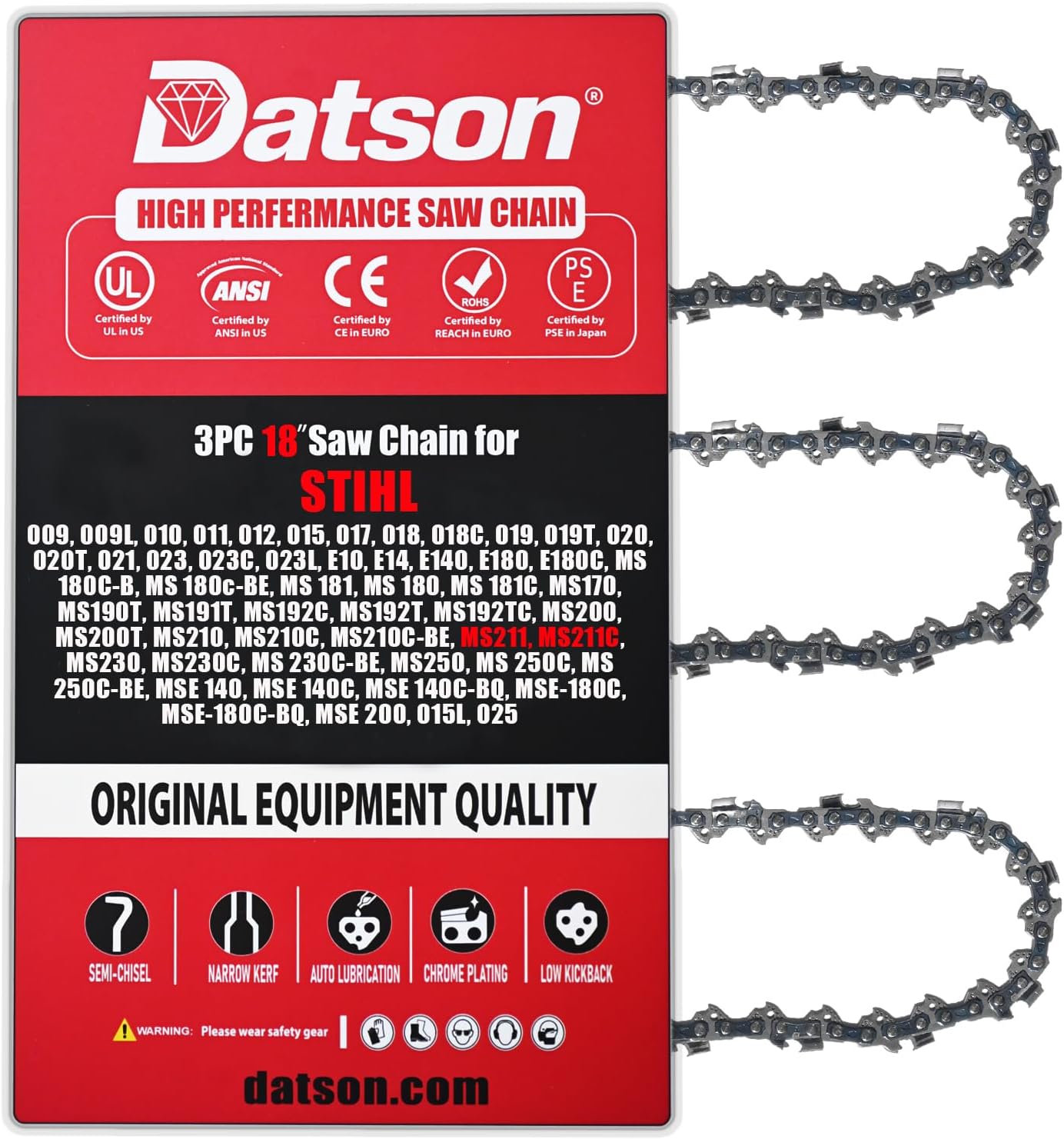 18 Inch Chainsaw Chain Replace for Stihl MS211, MS211C and More Replace Stihl 63 PM3 61, 3636 005 0061 Fits 3005 008 4817 3/8" LP Pitch .050" Gauge 61 Drive Links (3 Chains)