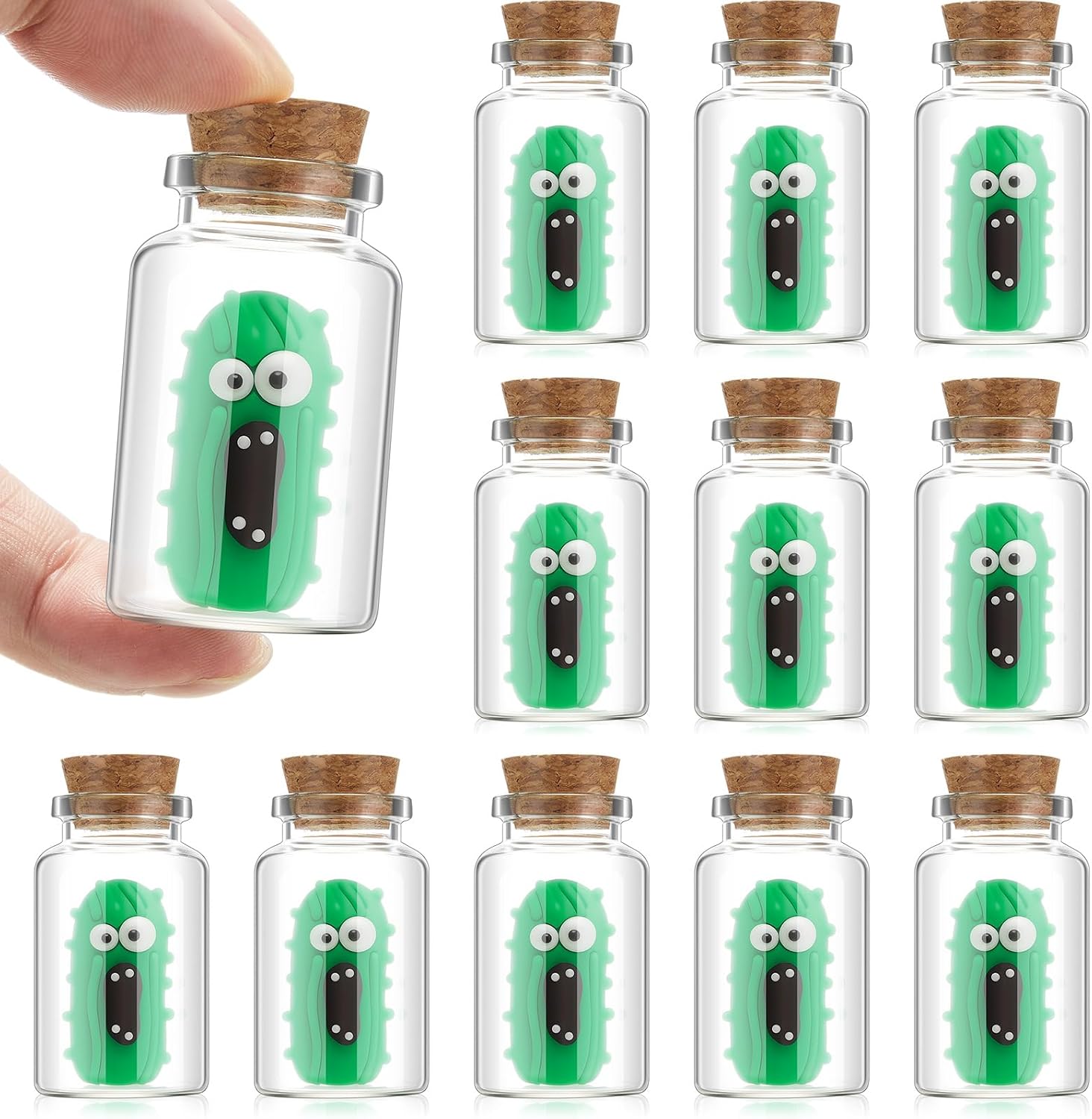 RoundFunny 12 Pieces Support Pickle in a Bottle Gift Bulk Spoof Emotional Screaming Mini Glass Jars Miniature Stress Reliever Toy Inspirational Positive Gift for Pickle Lovers