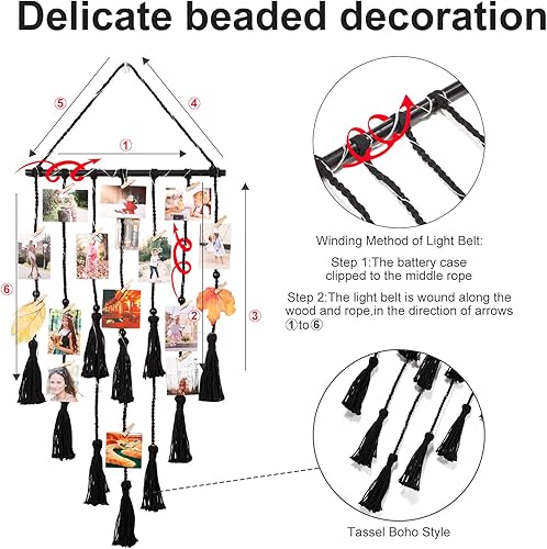 Miniatura 4 de Homecor Decoración de pared colgante de macramé negro, decoración bohemia para habitación, collage de marcos de fotos con luz remota, 30 clips,