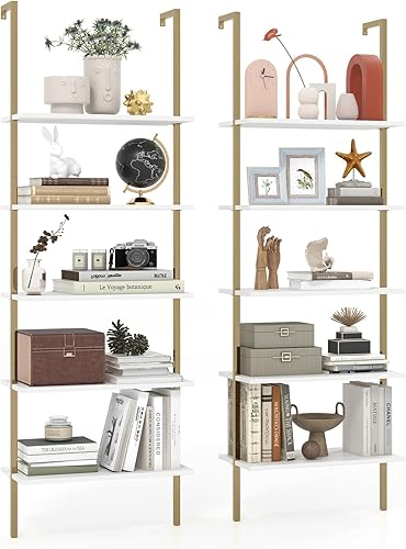 Miniatura 10 de Giantex Estantería moderna de 5 niveles para montar en la pared, color marrón rústico, estantería industrial de madera de 71 pulgadas con marco de