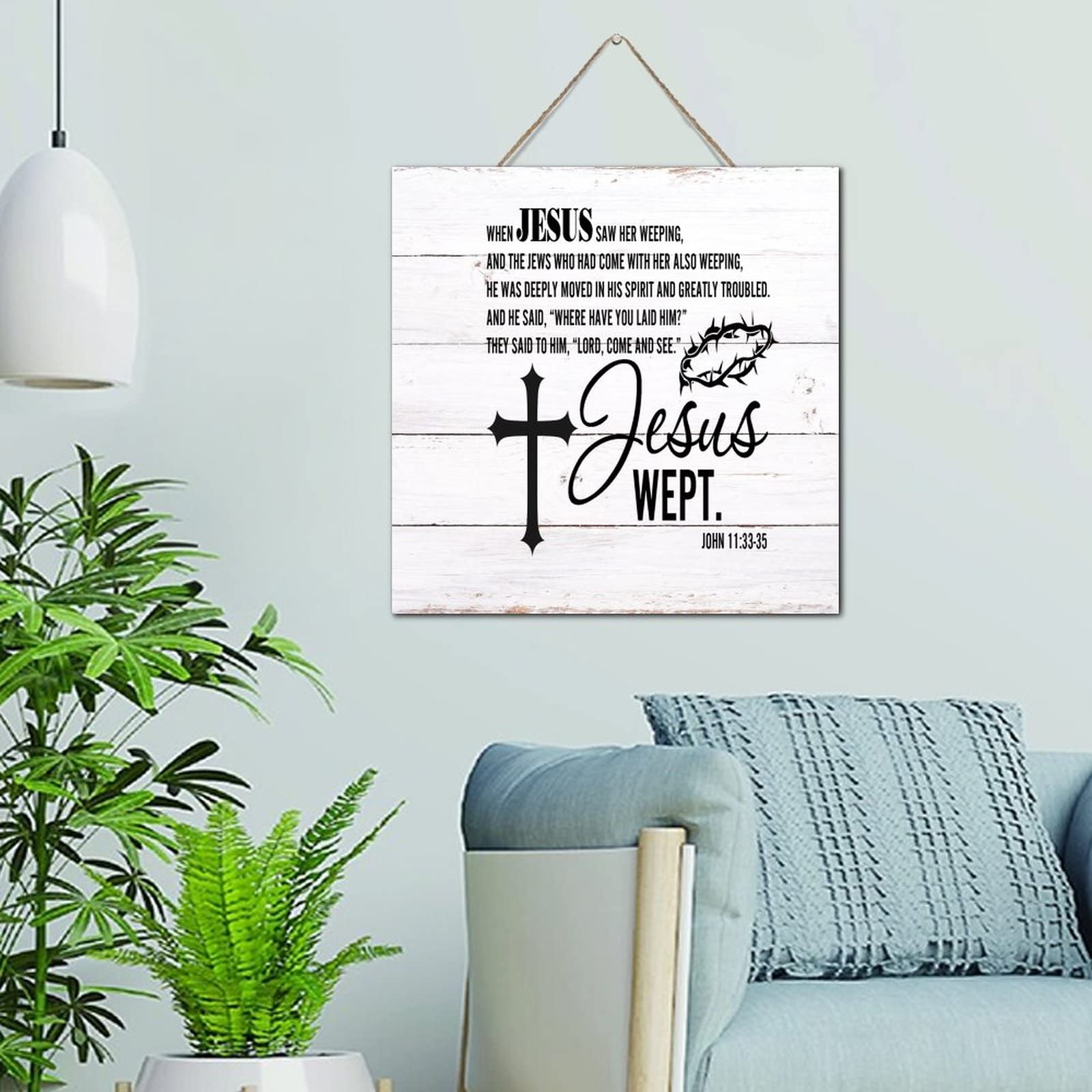 Plaque en bois vintage 30x30 cm avec citation chrétienne pour porche et salon