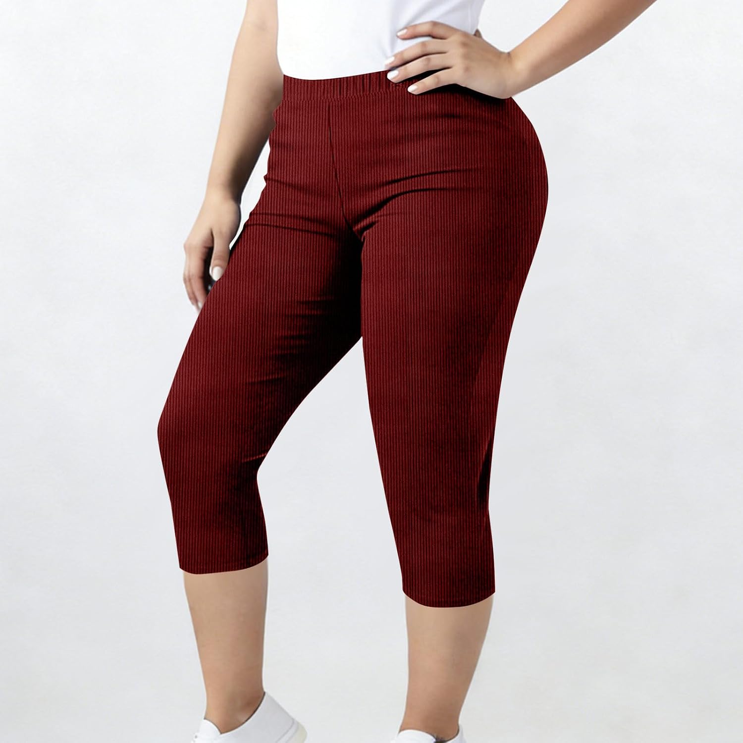 Womens Ribbed Knit Capri Leggings Knee Length Capris Pants Soft Stretchy Slim Fit Pajama Sleep Cropped Trousers