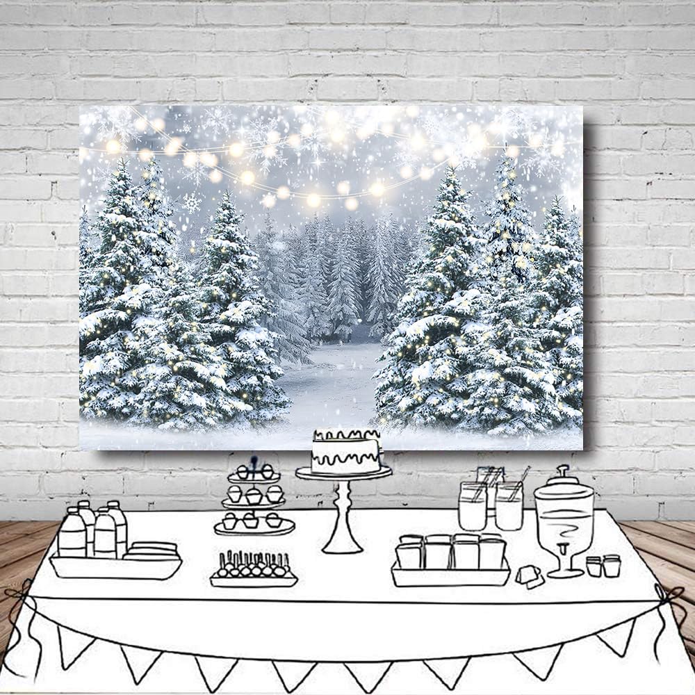 TENCOW Sfondo invernale Natale – Babbo Natale, neve, finestra, albero, fotografia foresta notte, finestra in legno, luna, regali – vacanze famiglia cabina foto (210 x 150 cm