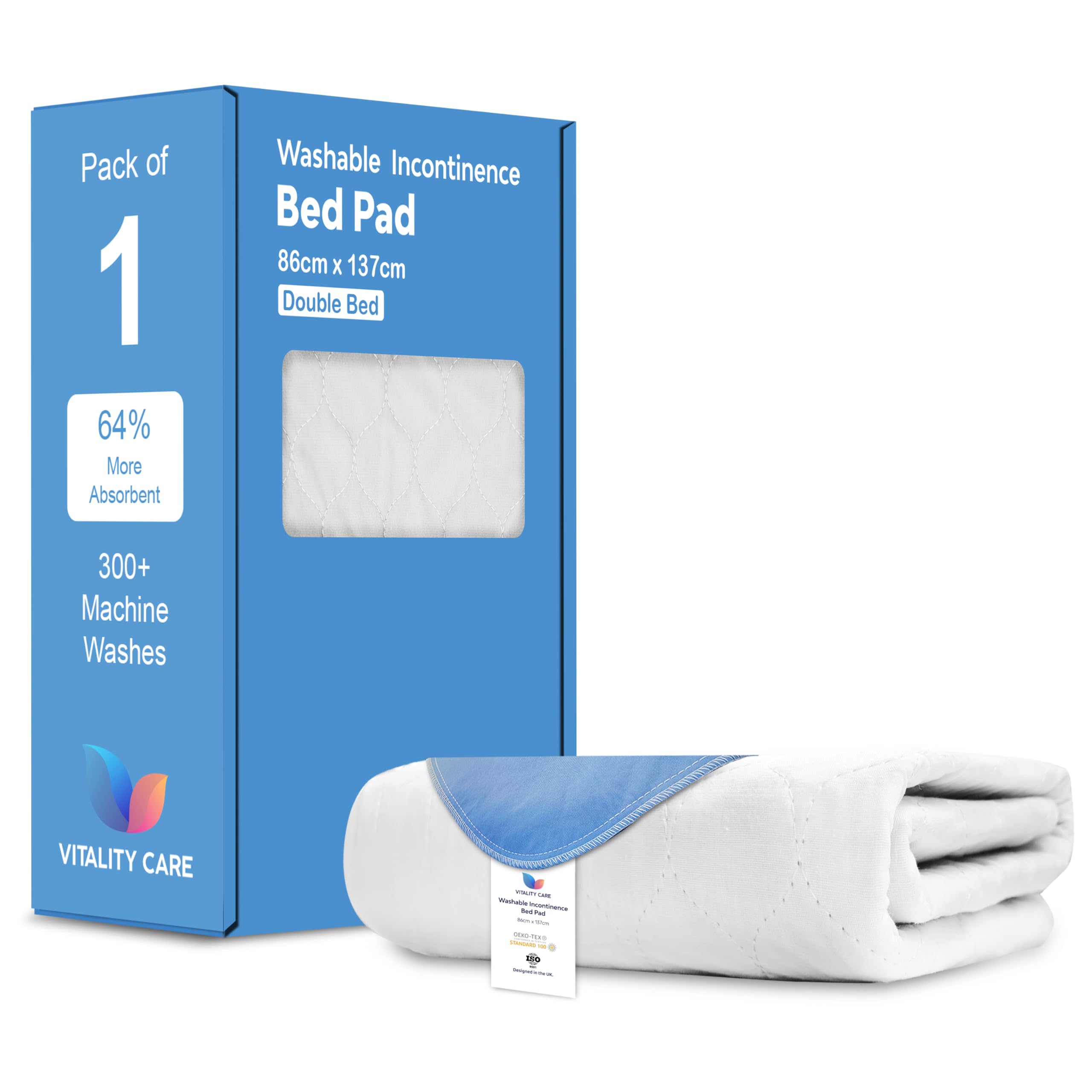 Vitality Care White Washable Incontinence Bed Pad, Waterproof Mattress Protector, Reusable Absorbent Sheet For Adults, Children, Elderly, 86X137cm,