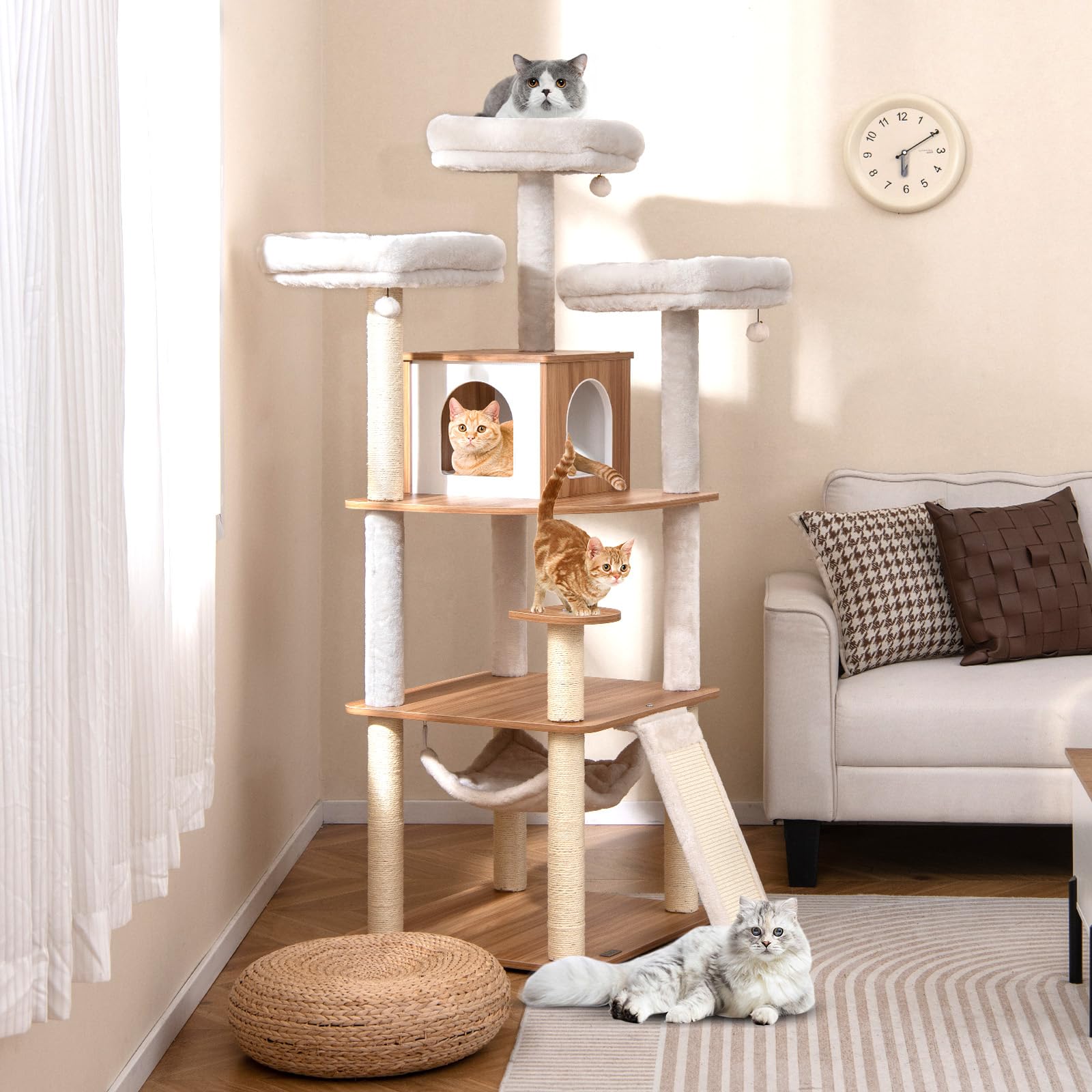 GYMAX Albero per Gatti Alta 168 cm, Torre Multilivello con Piattaforma, Amaca, Pannello Graffiato e Tiragraffi in Sisal, Palline Sospese, Naturale