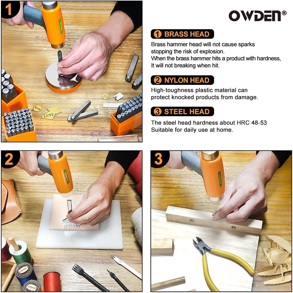 OWDEN Professional Jewelry metal stamps hammer with 2 replace hammer heads No-Rebound steel bench block set Jewelry stamping working tools Metal letter punch for brass aluminium copper leather marks.