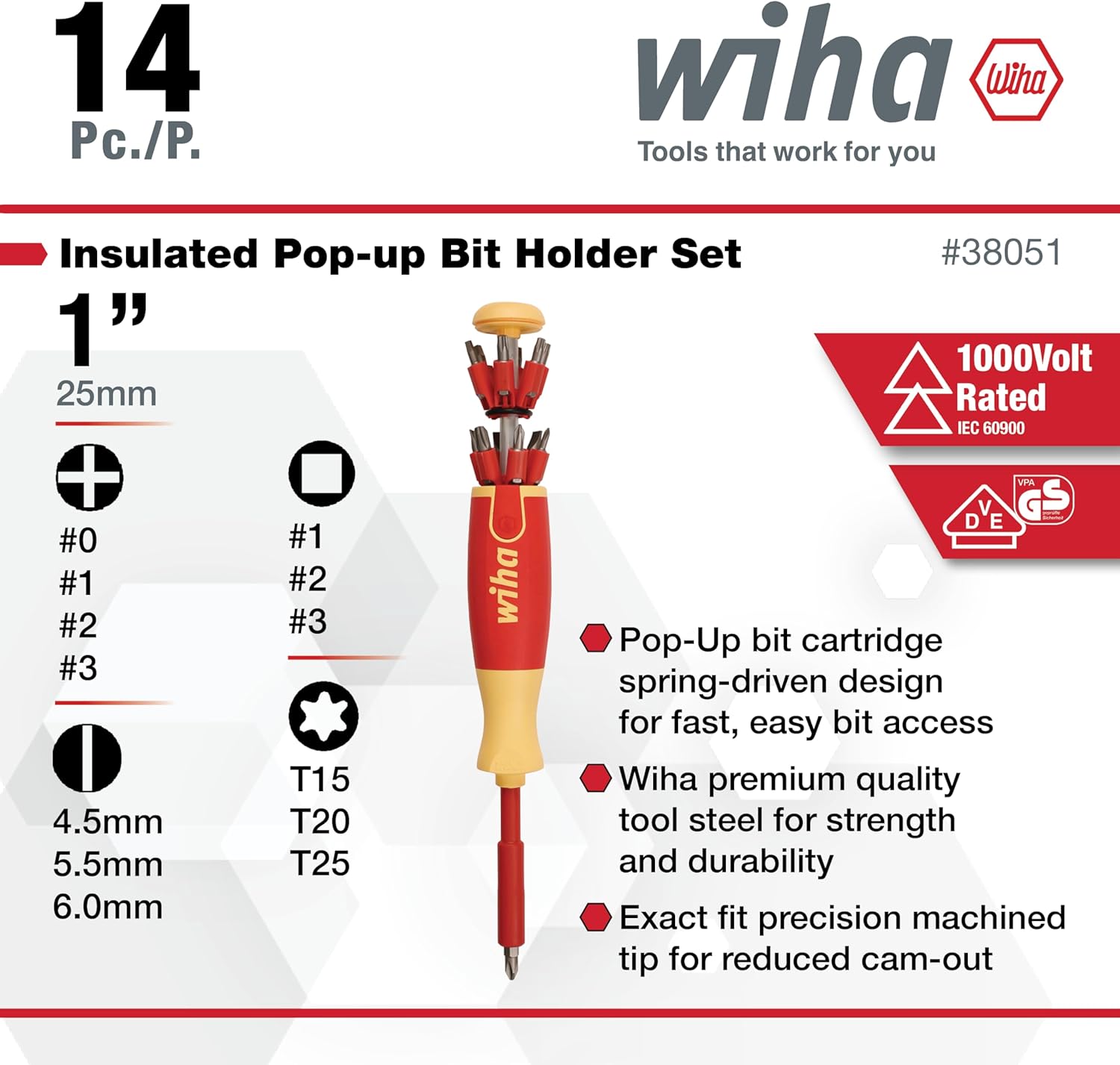 Wiha 38051 Insulated Pop-Up Bit Holder Set Slotted, Phillips, Square, Torx 14 pc. Set