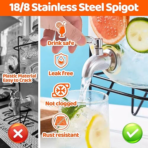 Miniatura 4 de 2 dispensadores de bebidas de 2 galones, dispensador de vidrio para fiestas con espitas de acero inoxidable 188, dispensador de jugo de limonada,