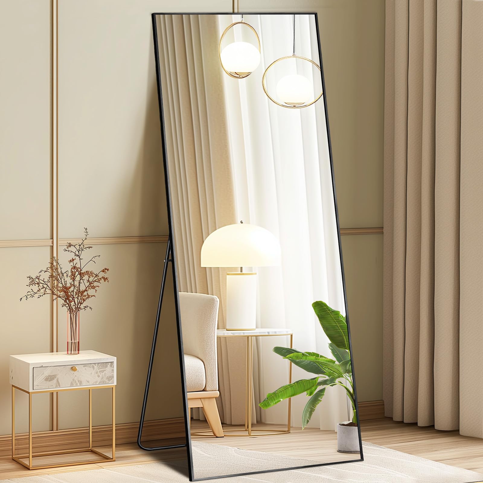 DUMOS 19"x58" Full Length Mirror with Stand, Full Body Floor Mirror | Free Standing or Wall Mount, Nano Glass Aluminum Frame, Hanging or Leaning, Modern Simple Home Decor, Black Black-rect Edge 58"L x 19"W