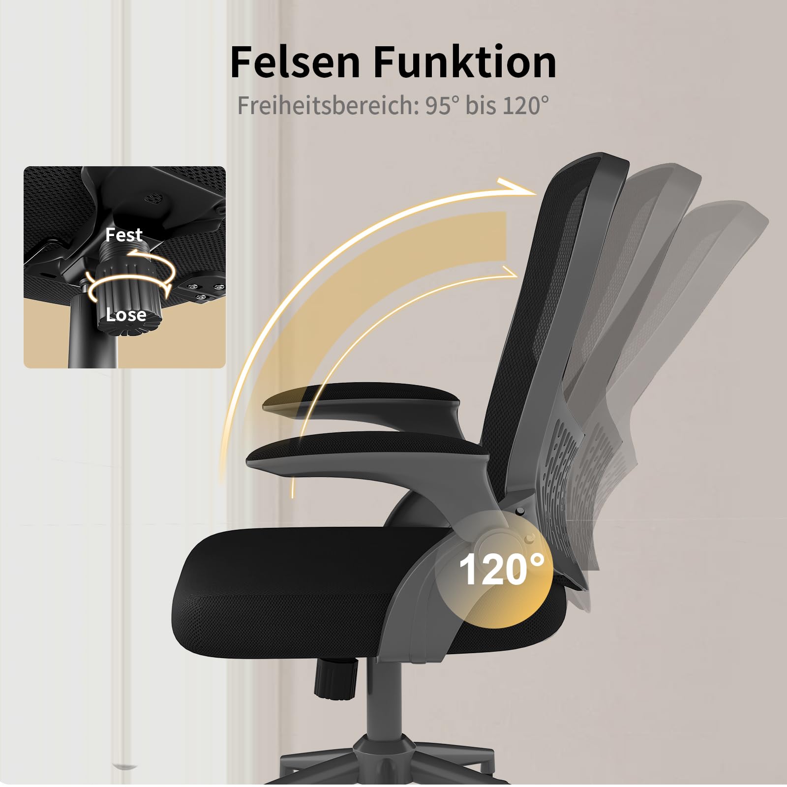 naspaluro Ergonomischer Bürostuhl, Schreibtischstuhl mit 90° Klappbaren Armlehnen, Einzigartige Lendenwirbelstütze, Atmungsaktive Mesh-Polsterung für das Heimbüro, Studie, Schwarz