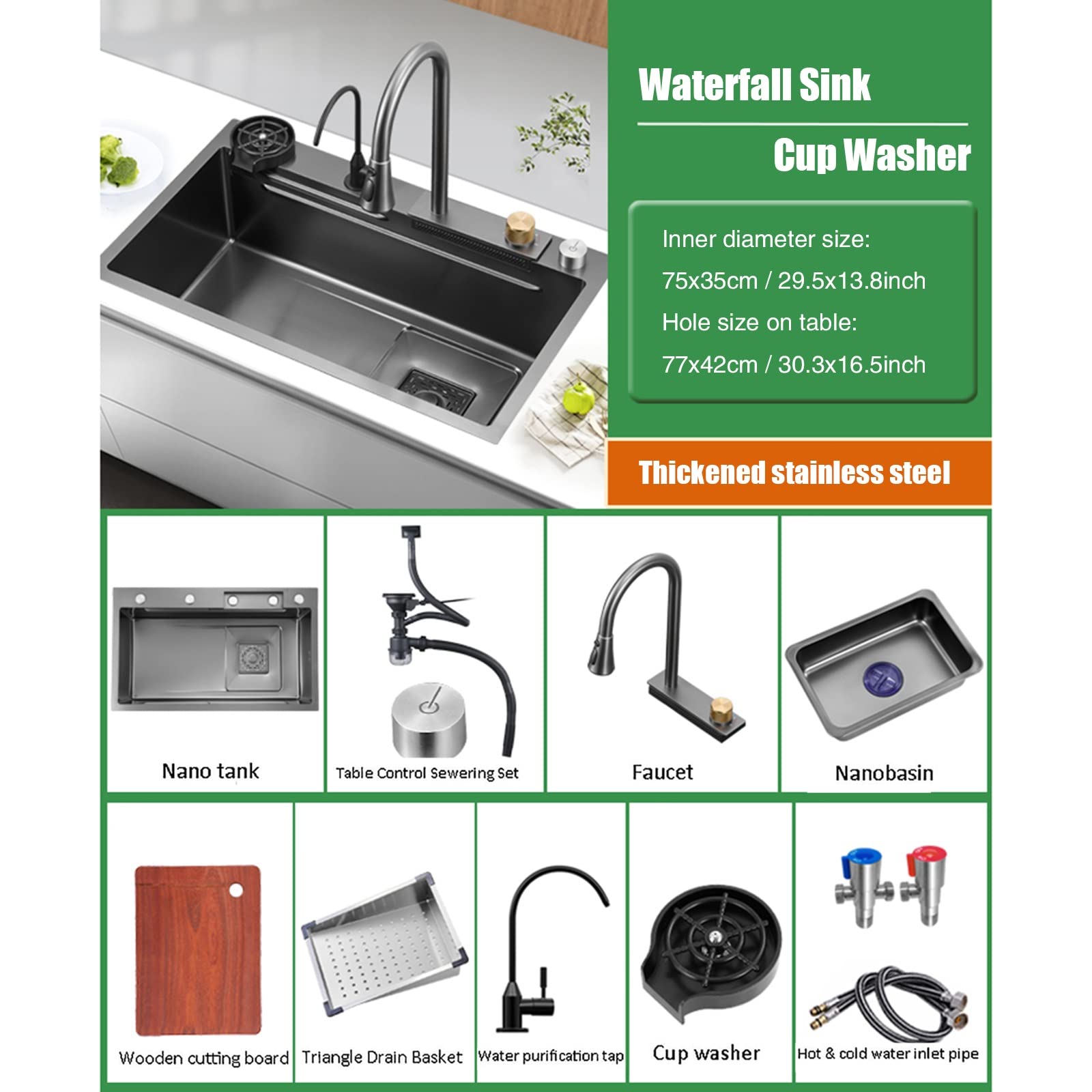 Lavello da Cucina A Vasca Singola Nero 304 Lavello a Cascata in Acciaio Inox lavastoviglie Lavello Singolo con rubinetto estraibile, tagliere, rondella della tazza E Componenti di Drenaggio ( Size : 8