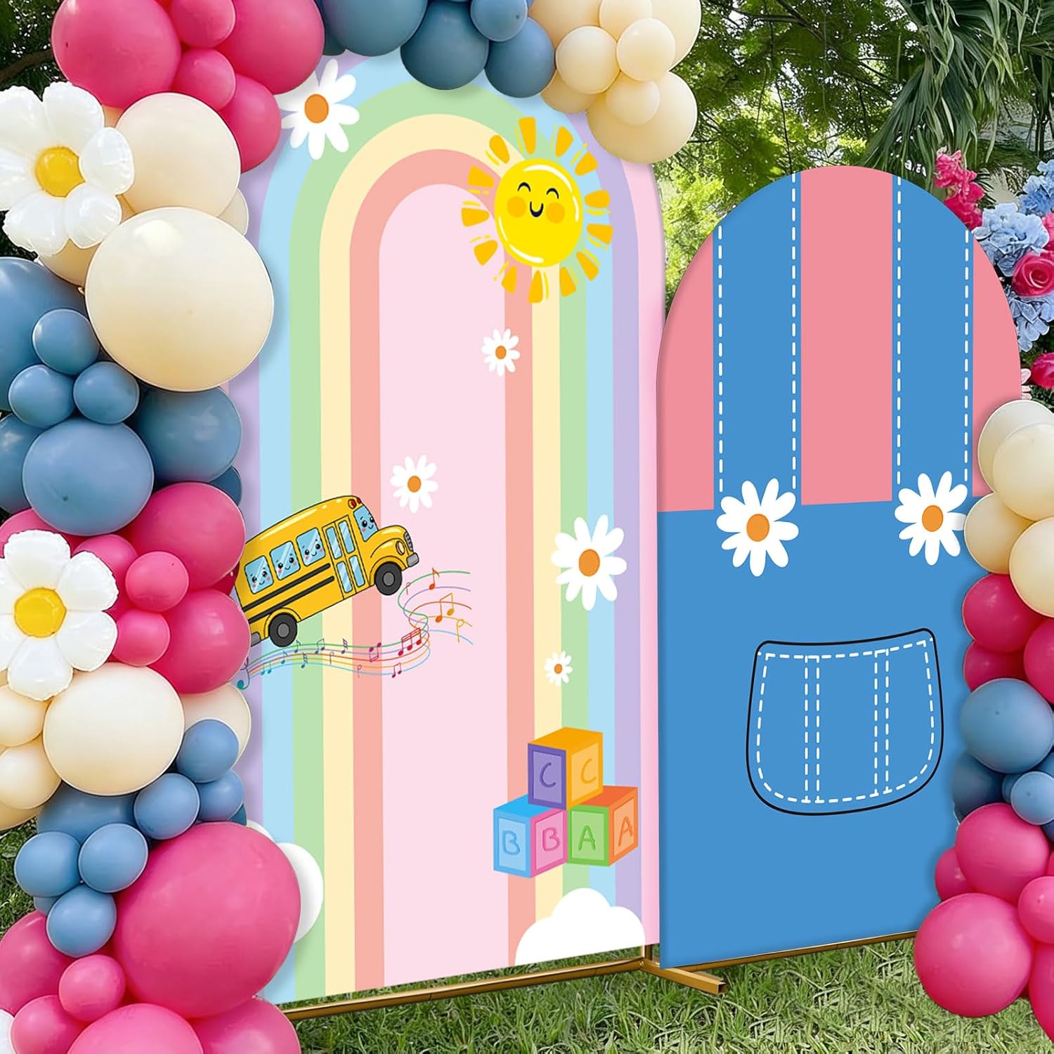 2 Set Cartoon Arch Covers 6ft 7.2ft Round Top Backdrop Covers for Cartoon Birthday Baby Shower Party Supplies (English Teacher)