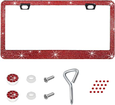 Bling License Plate Frame, Sparkly Rhinestone Obstruction-Free License Plate Holder with Screw Caps, Stainless Steel Car Tag Cover Diamond Decoration for Women Girls Red