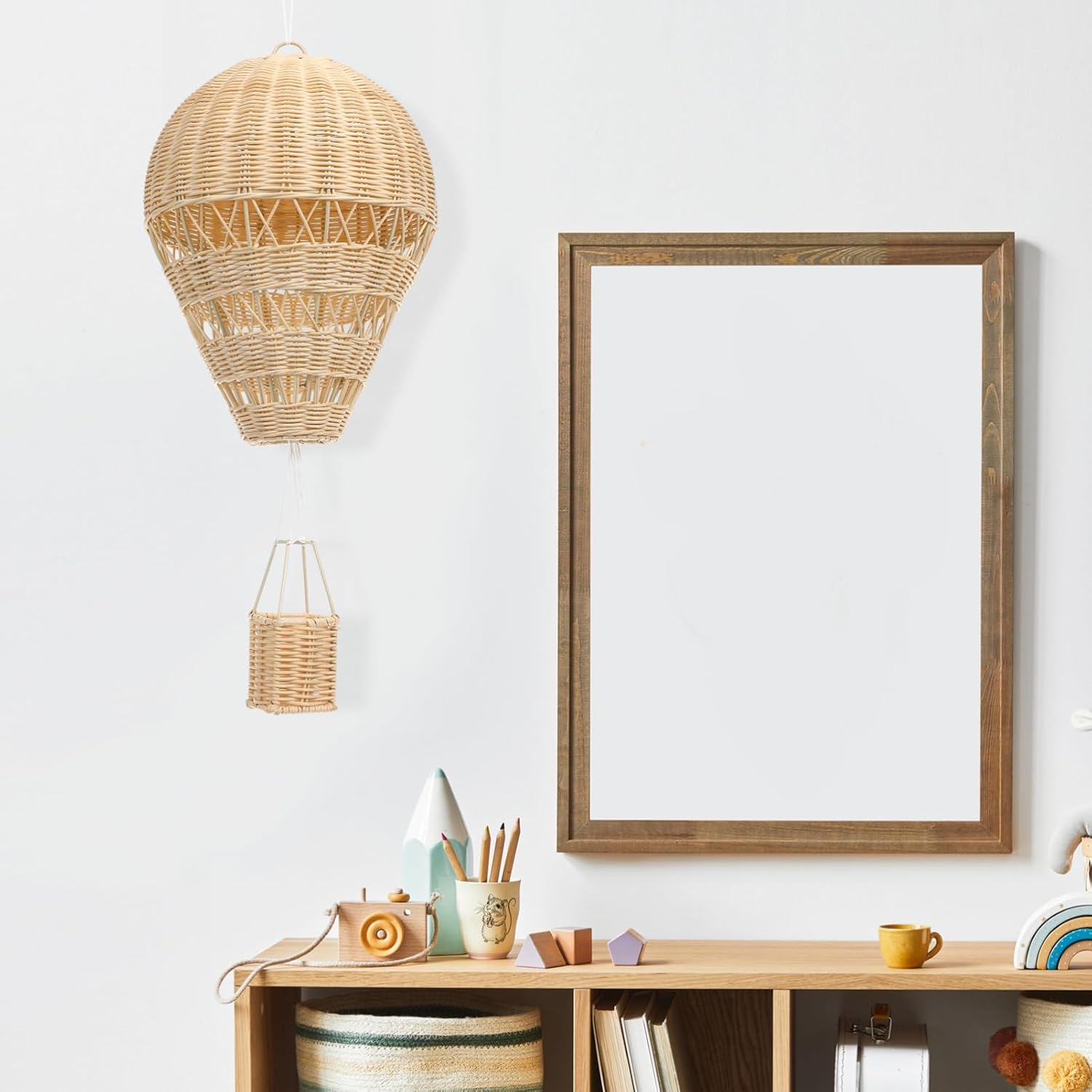 Woven Rattan Hot Air Balloon Decor, Beige Hanging Nursery Ornament,Chic Kids Room Wall Adornment