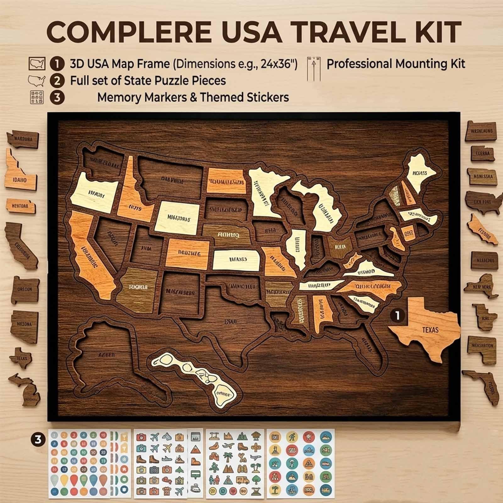 Holz-Puzzlerahmen mit USA-Reisekarte, Markierung der Staatskarte mit Elementen, Wanddekoration for Zuhause, Klassenzimmer, for Paare, Familie, Wohnmobil-Urlaub(A+Sticker*2pcs)