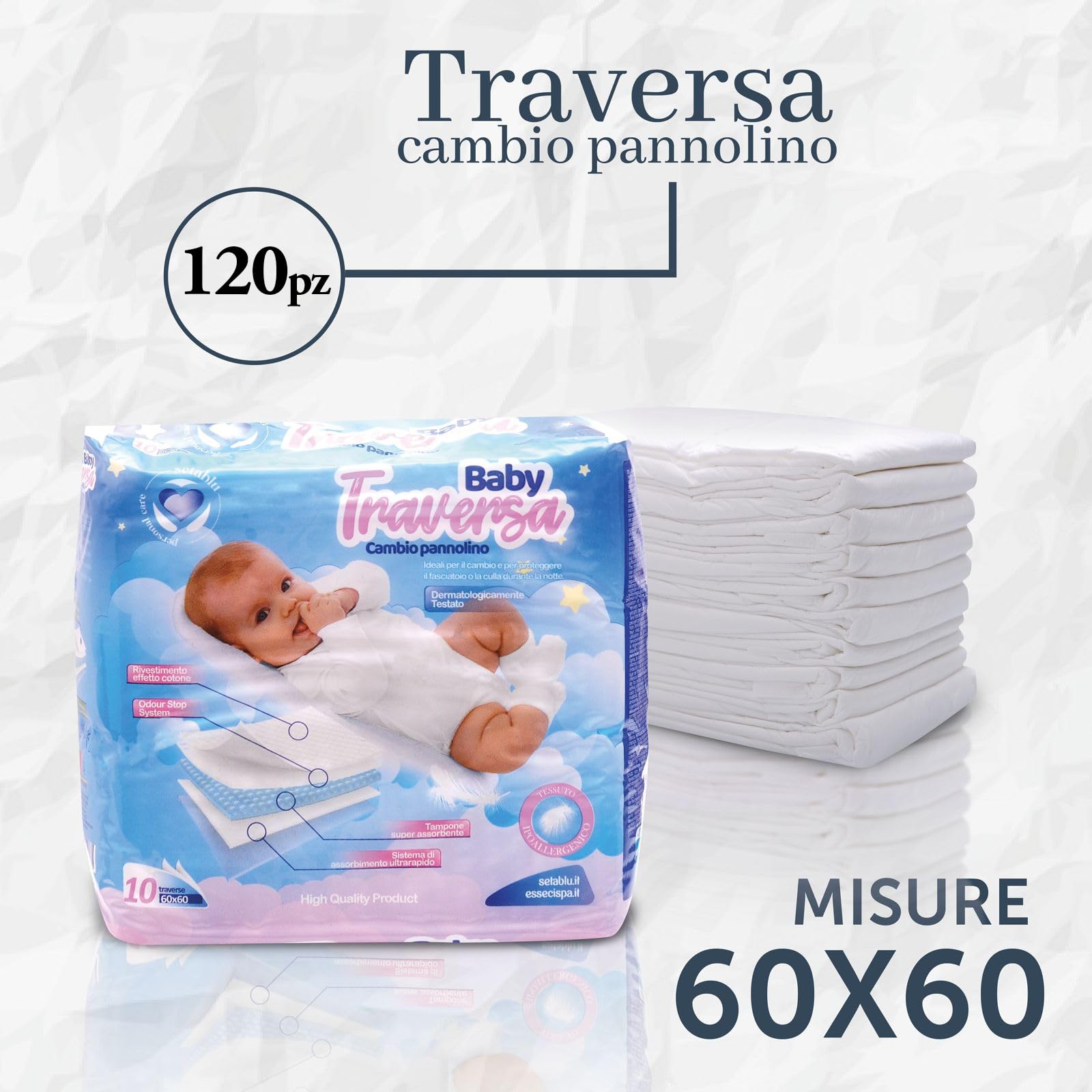 DETERMONDO 50 Traversine Assorbenti 60x60 cm per Bambini Usa e Getta per Letto e Fasciatoio Assorbenza Elevata a 5 Strati in Cellulosa