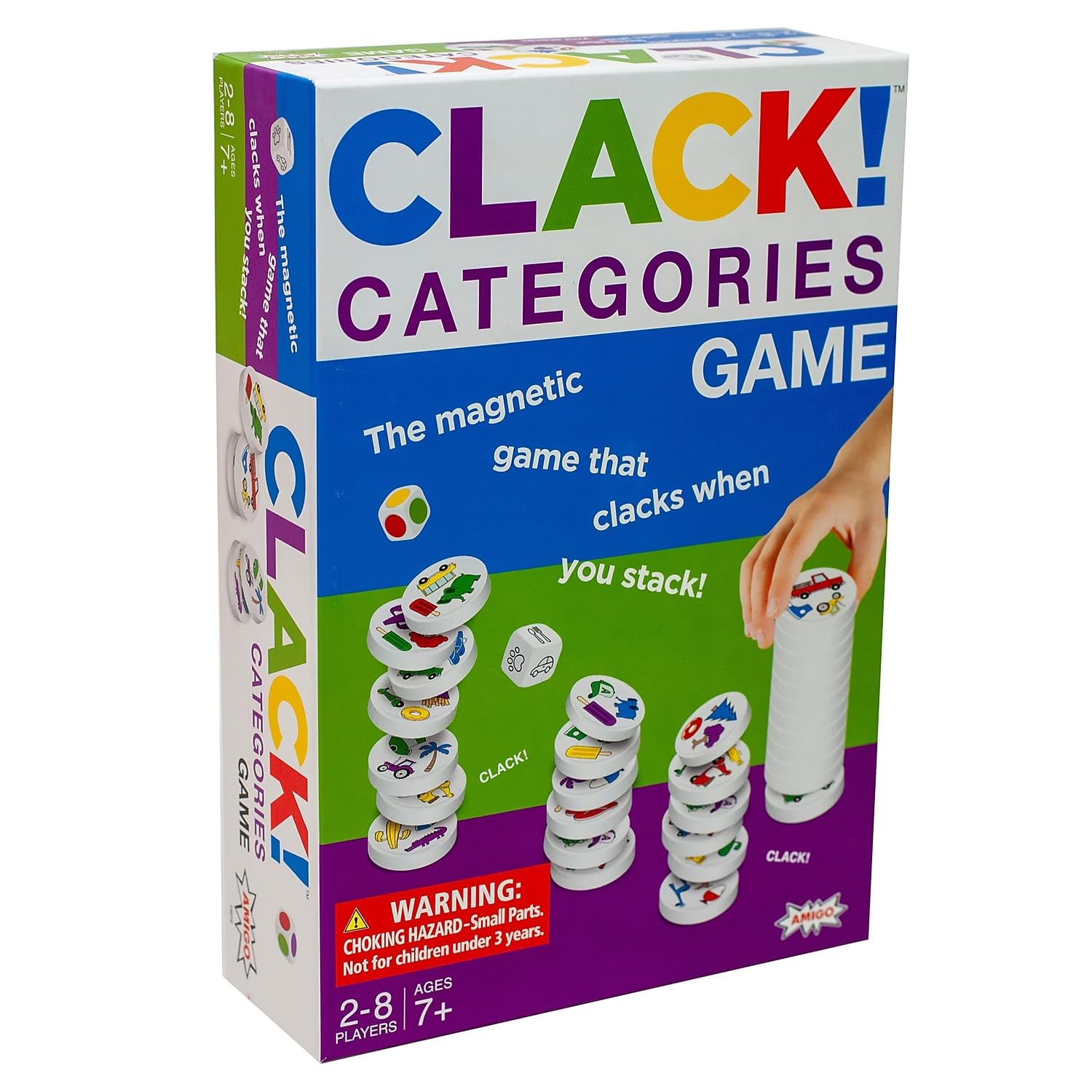 AMIGO Games Clack! Categories - The Magnetic Stacking Game That Clacks When You Stack - Roll The Dice, Match The Color & Shape, Tallest Stack Wins - Perfect Family Game or Kids Game for Ages 7+