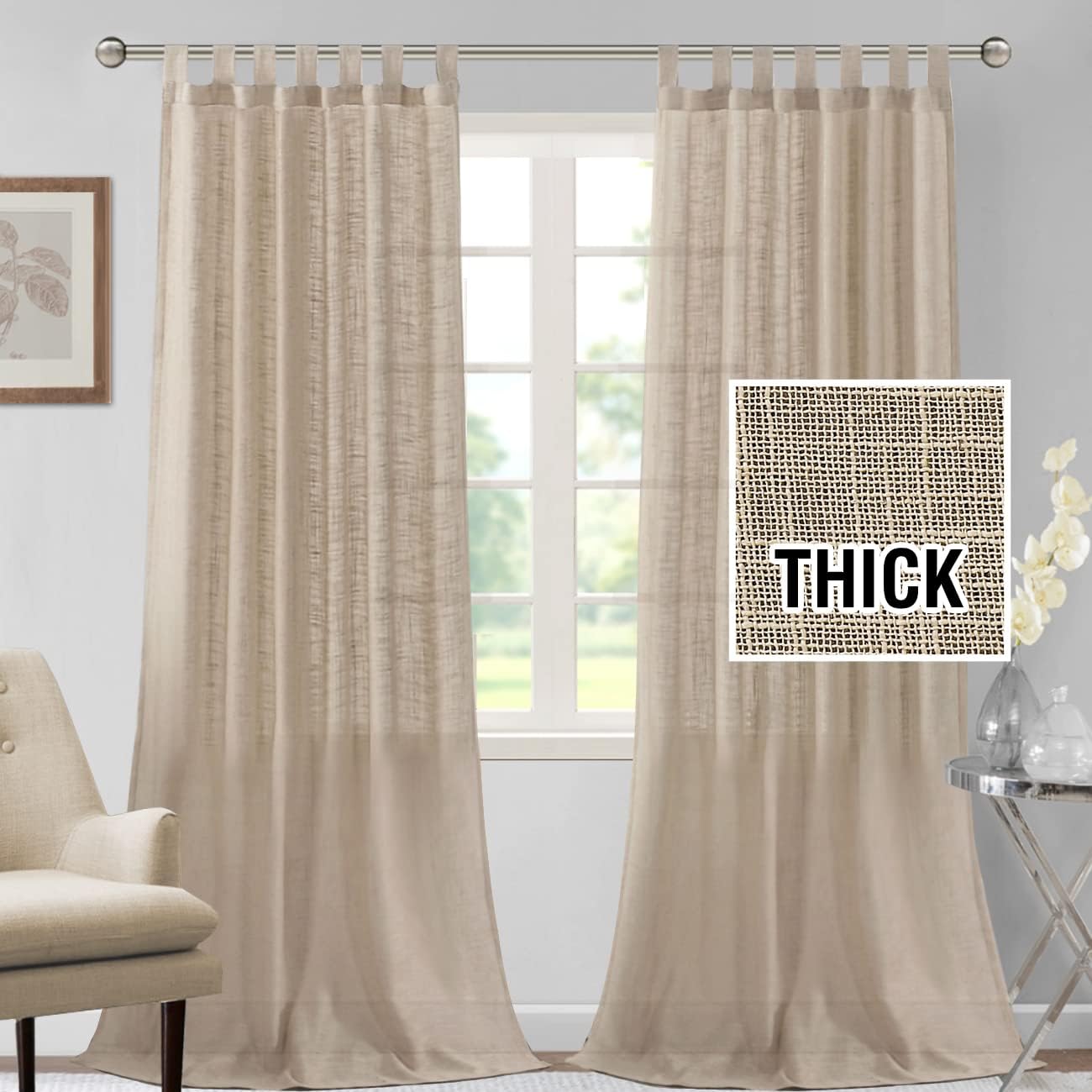 H.VERSAILTEX Linen Blended Curtains - Natural Linen Textured Tab Top Curtains for Living Room - Energy Efficient Light Filtering (Set of 2, 52" x 96", Angora)