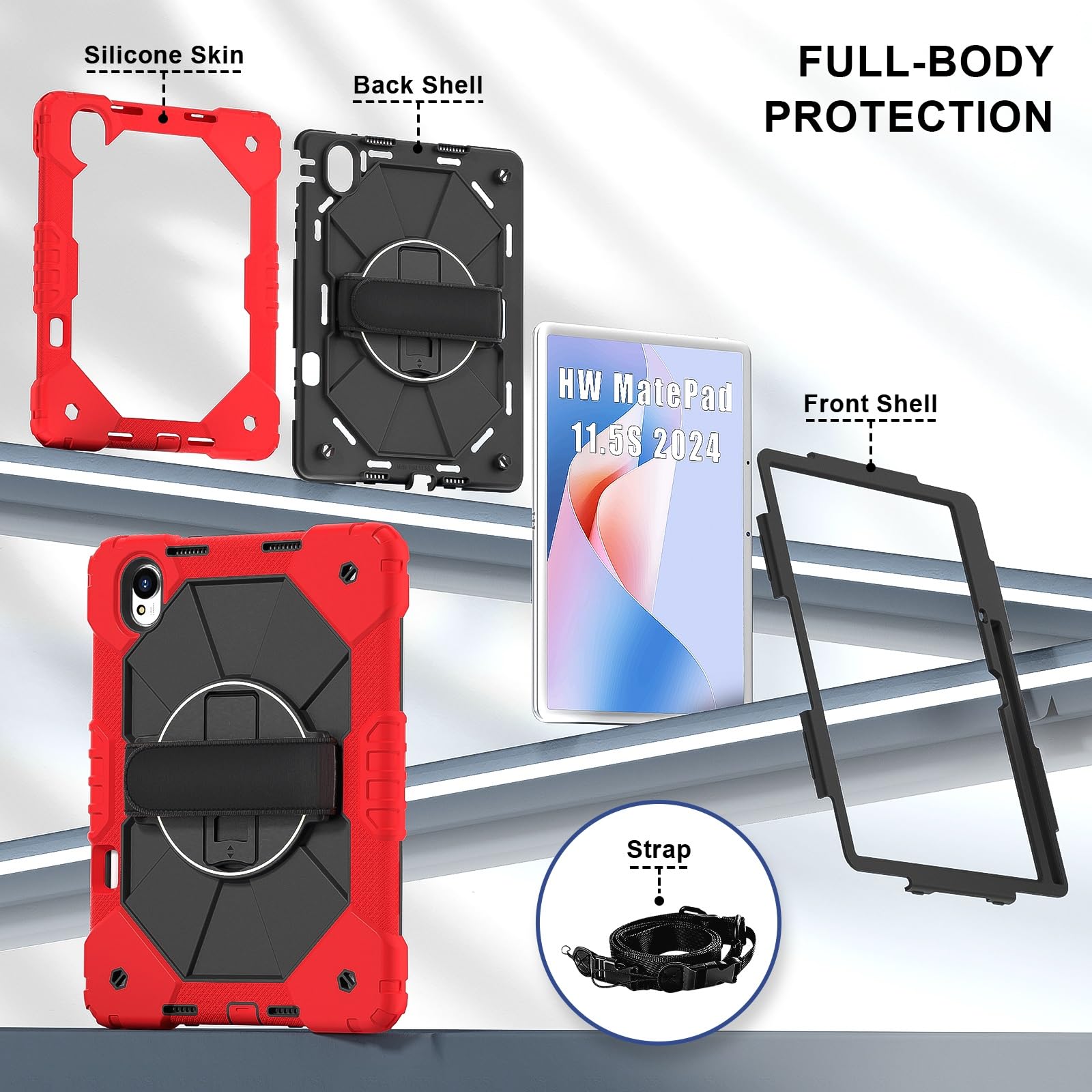 Etui kompatybilne z Huawei MatePad 11.5S .5 cala wydane w 2024 roku etui odporne na wstrząsy tablet, pełne ochronne 360 ​​stopni obrotowy wielofunkcyjny uchwyt uchwytu + pasek ramię(Red+Black)