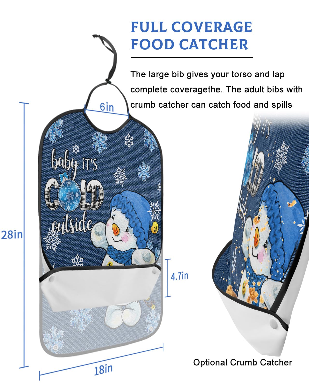 Christmas Snowman Adult Bibs for Eating, Waterproof Bibs with Food Catcher & Adjustable Snap Closure, Blue Xmas Winter Snowflake Rustic Washable Clothing Protectors Adult Bibs for Elderly Women/Men