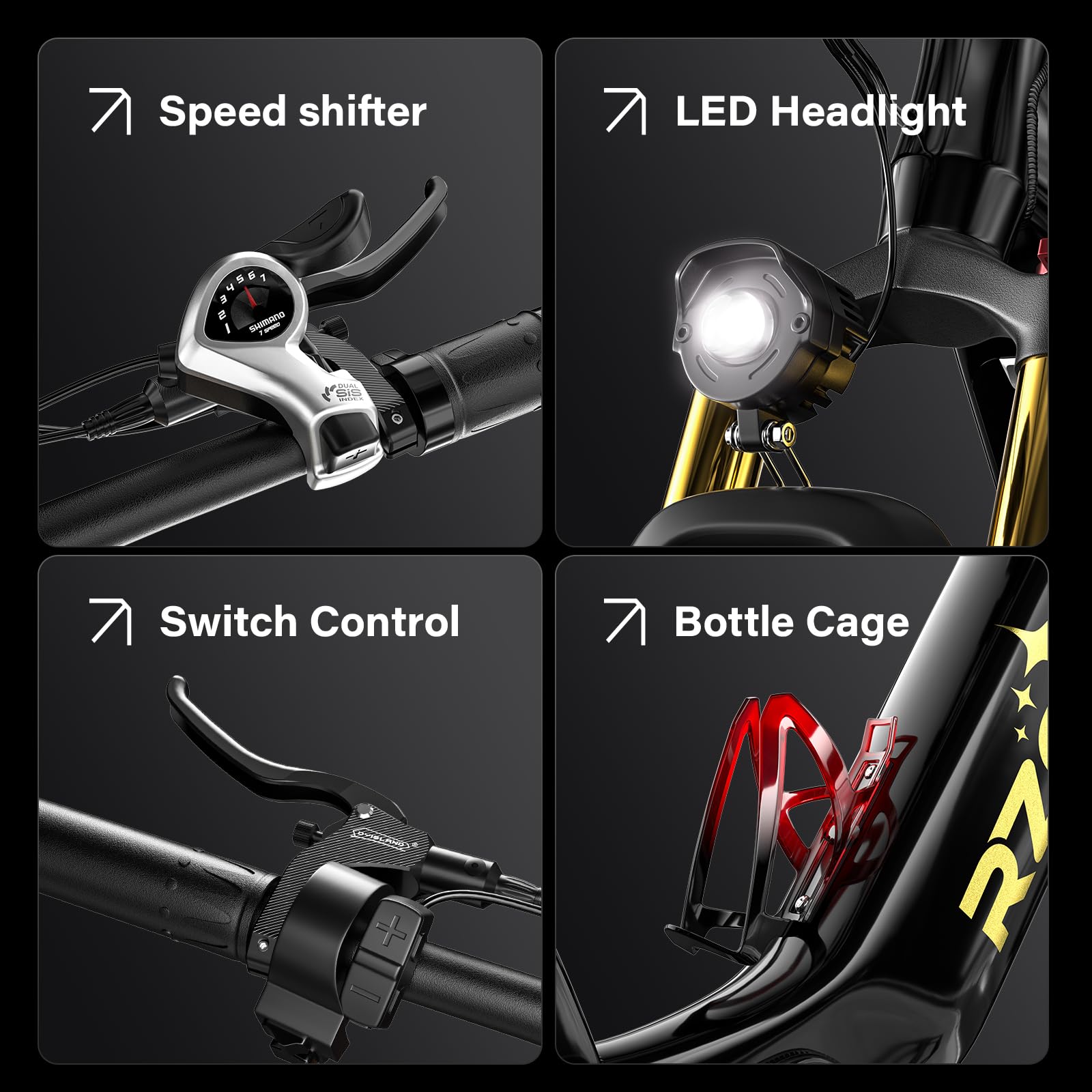 RZOGUWEX Bicicleta eléctrica todoterreno de 26 pulgadas y 70 NM para adultos con batería de iones de litio desmontable de 48 V 17.5 AH, 7 velocidades con amortiguadores dobles y freno de disco