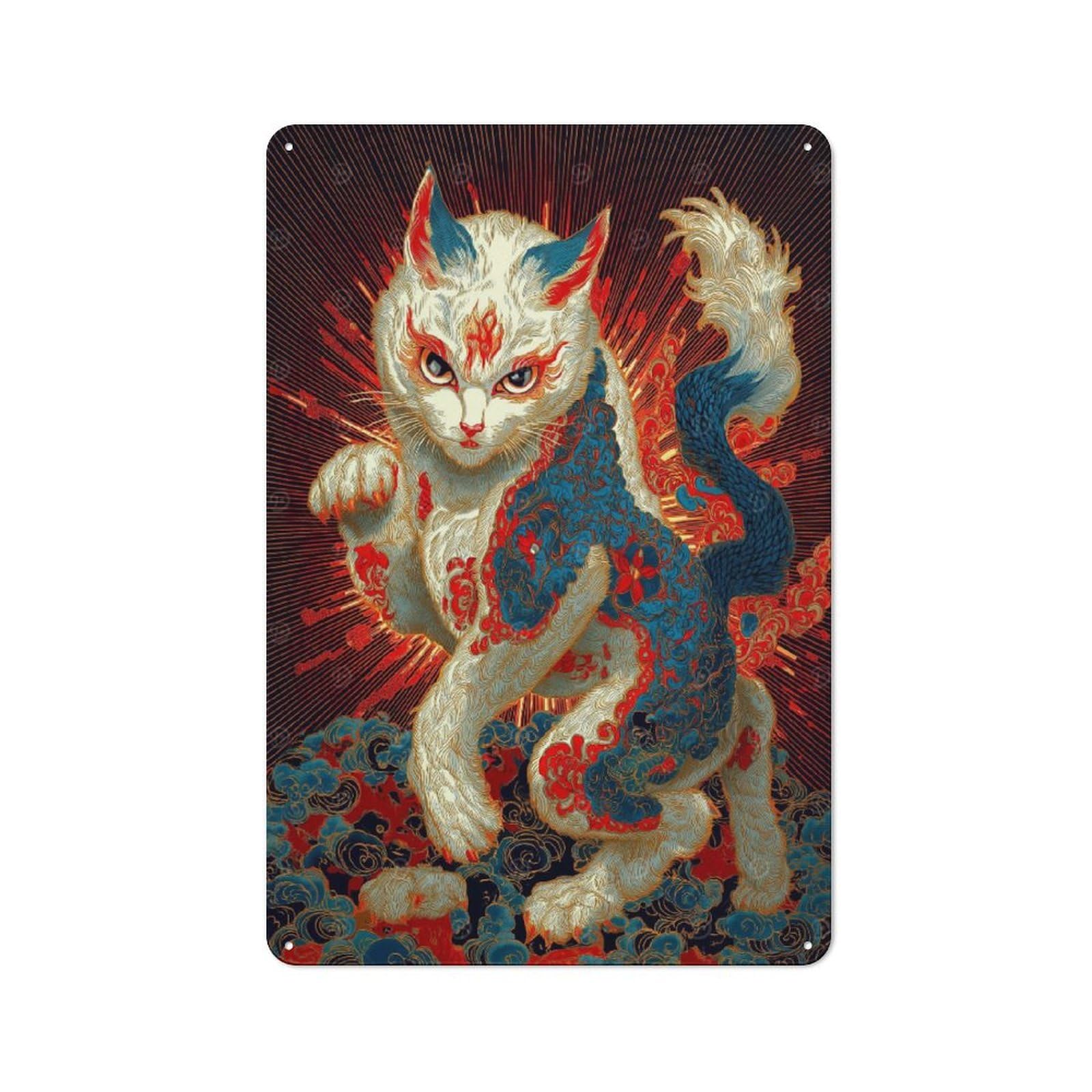 Junmoney Style-16 Urban Ornate Cat Illustration With Asian Motifs Decorative Metal Plaque 30X20cm, Urban Room Decor For Flat, Bar, Studio Or Gallery Wall