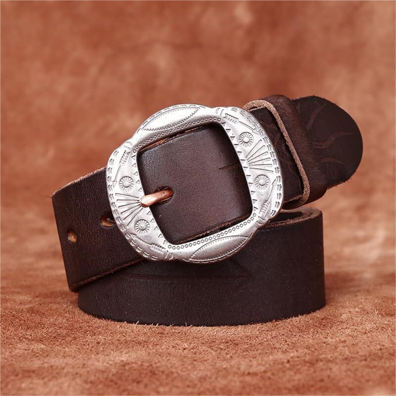 Cintura Da Uomo In Pelle Goffrata Vintage-western, Fibbia In Argento Anticato Con Motivo Floreale Inciso, Cinturino In Vita Effetto Invecchiato Country