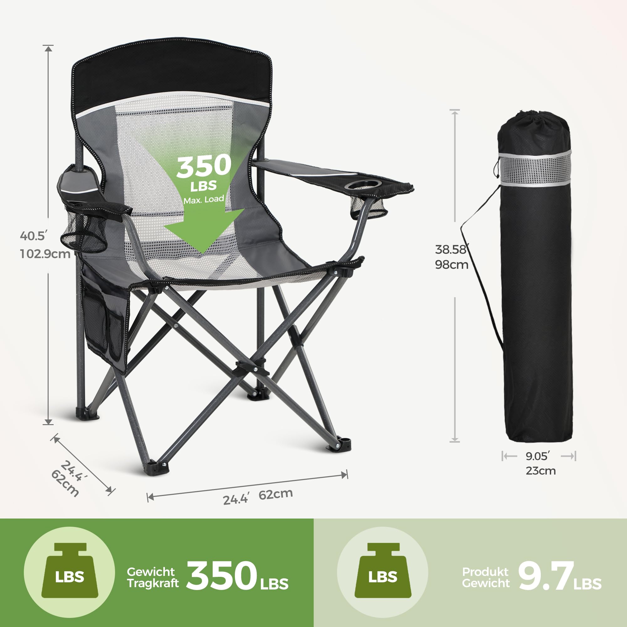 LET'S CAMP Netzrücken Campingstuhl Tragbar Klappbar Campingstuhl Faltbar Camping Stuhl mit Getränkehalter Tragetasche für Camping, Angeln, Wandern bis 150kg
