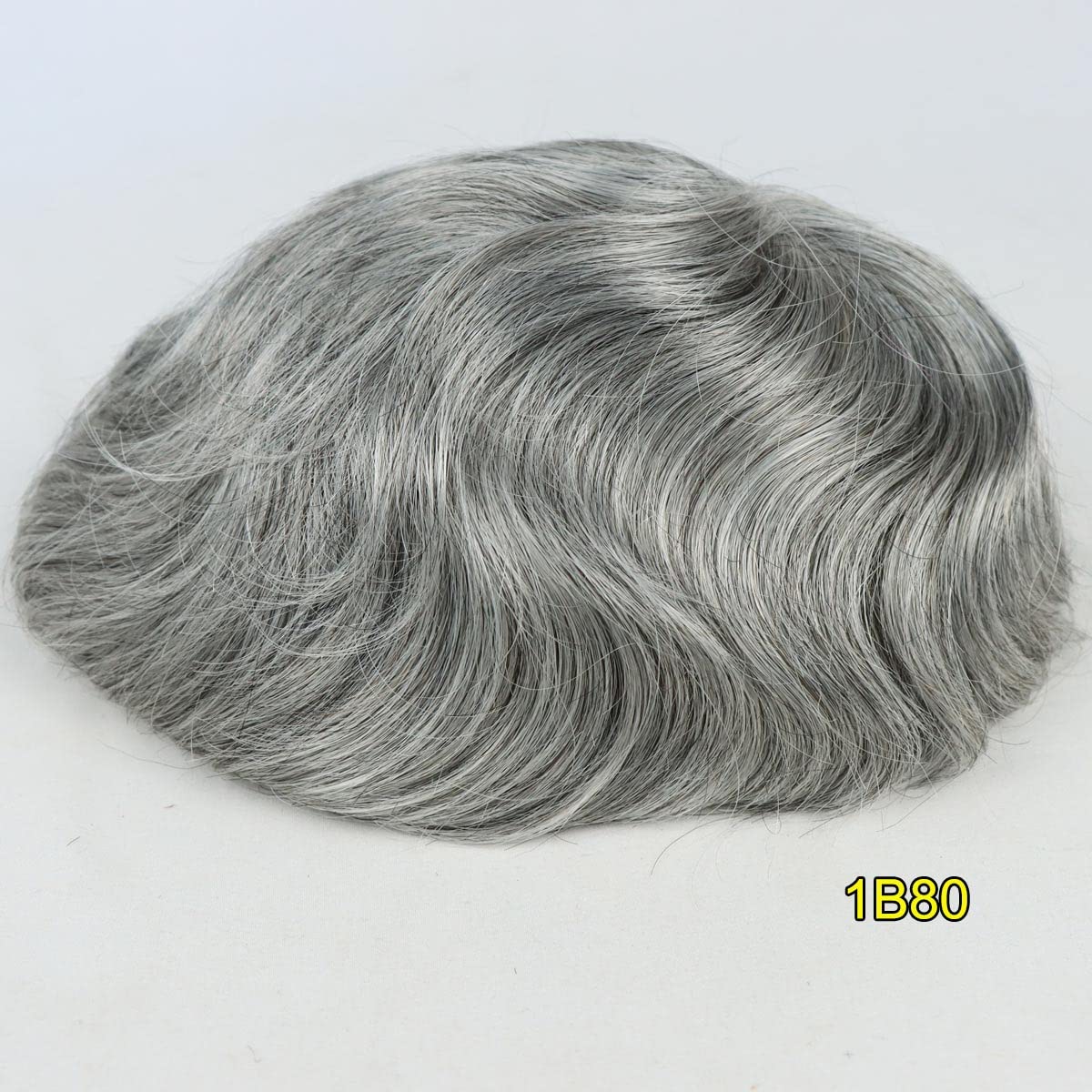 HAPPY&CC European Hair Replacement System Piece for Men Toupee Human Hair Wig Fine Mono Lace Top NPU Perimeter Mens Hairpieces 1B Off Black with 80% Grey Hair (10X8,1B/80)